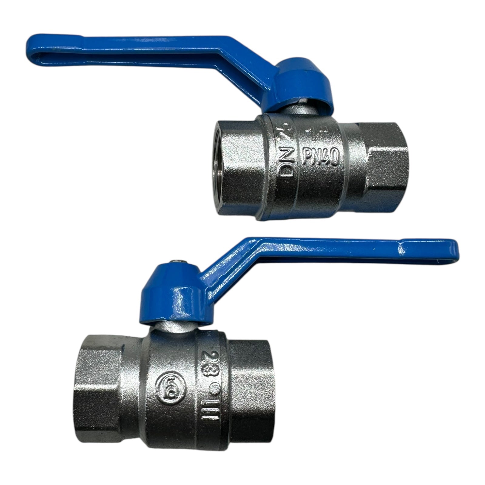 2x Kugelhahn DN25 1” PN40 Messing vernickelt Innengewinde blau Absperrventil