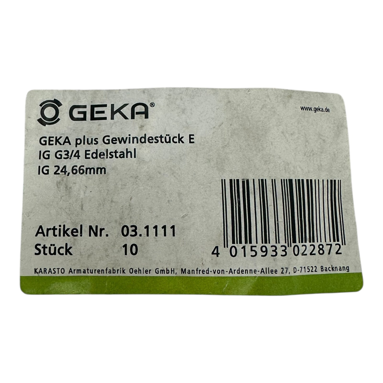 10x GEKA 03.1111 Gewindestück E IG G3/4 Edelstahl Kupplung 24,66mm