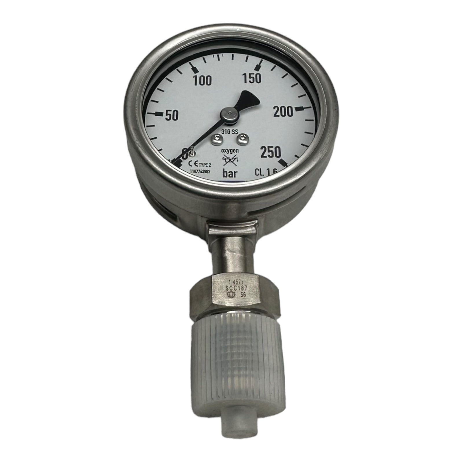 WIKA Manometer Oxygen Hochdruckmanometer mit 1/4" Anschluss unten 250bar / 63mm
