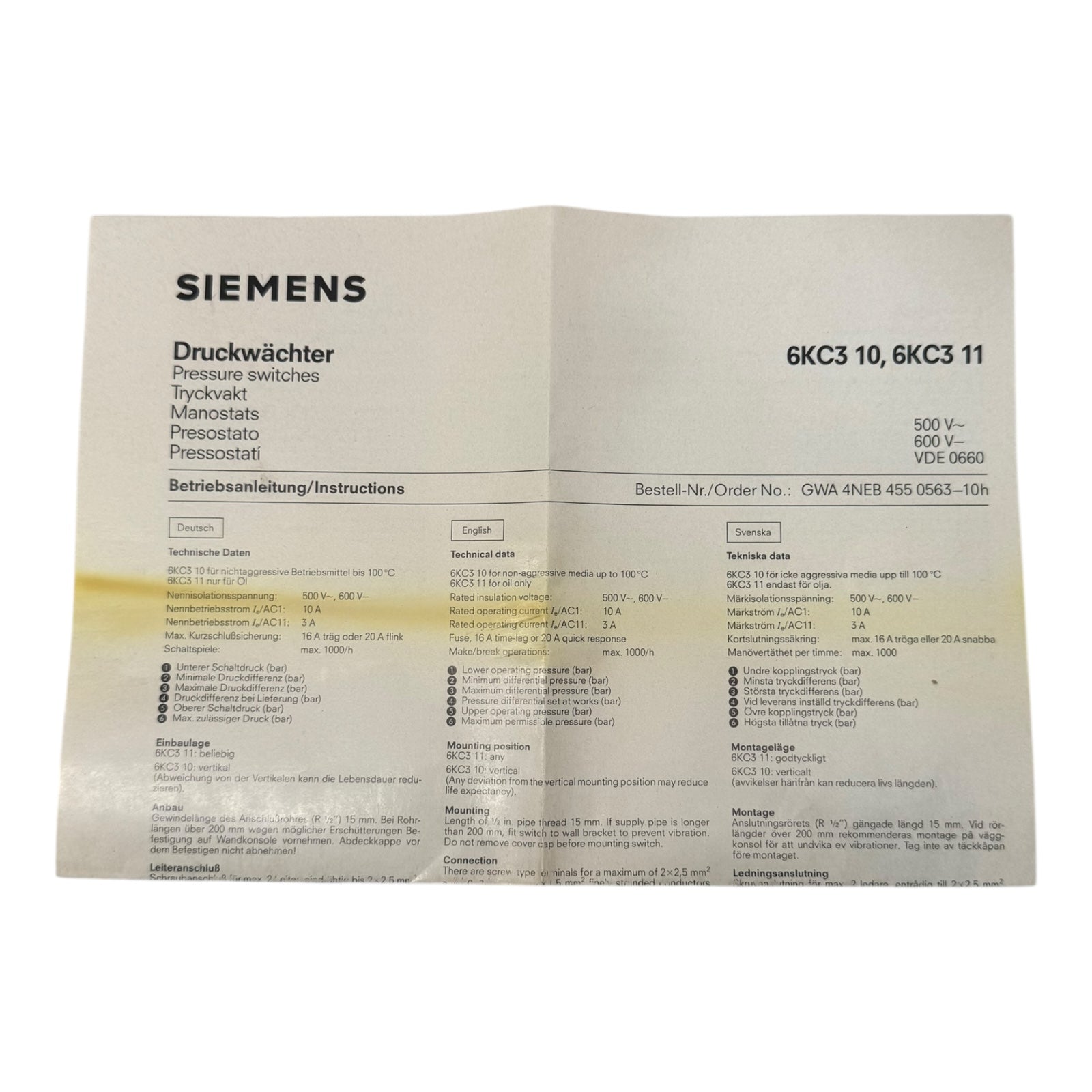 Siemens 6KC3102 Druckwächter 1,5-5bar Differenzdruckschalter 10A 500V