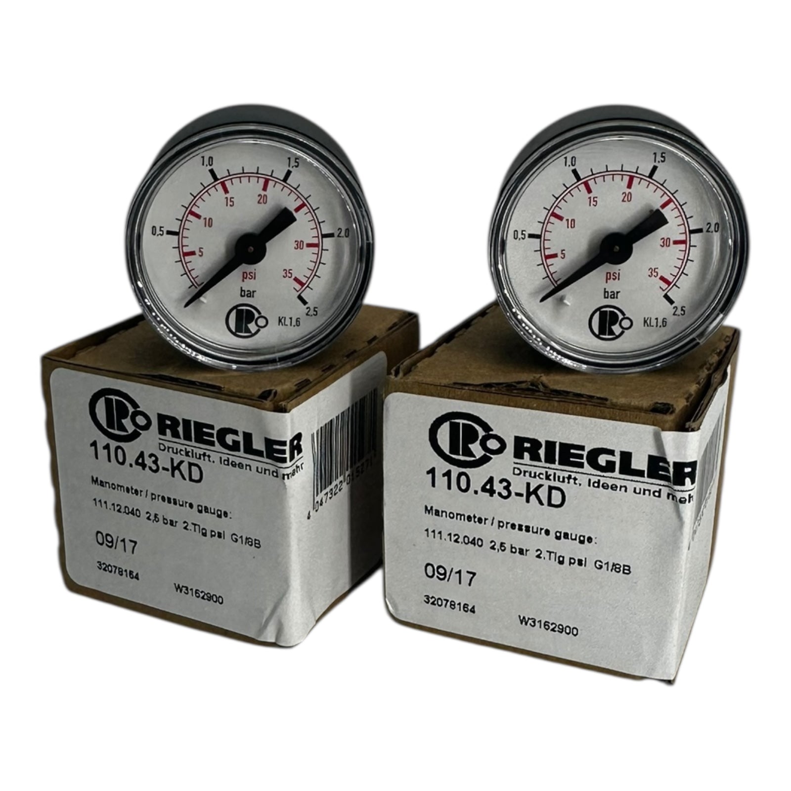 2x Riegler 111.12.040 110.43-KD Manometer Druckmesser Druckanzeige 2,5 bar G1/8B