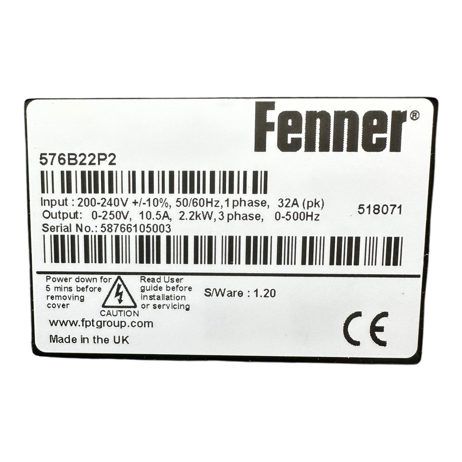 Fenner 576B22P2 Frequenzumrichter 2.2kW 1ph Eingang 3ph Ausgang IP66 UNUSED