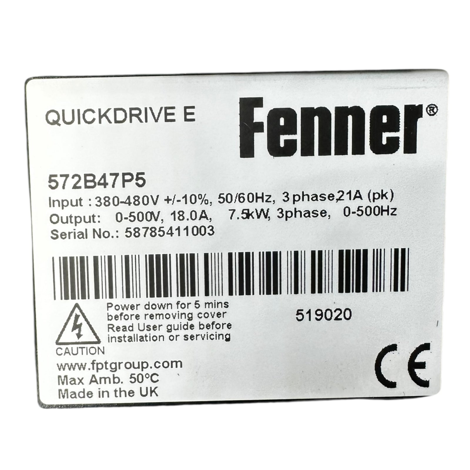 Fenner Quickdrive E 572B47P5 Frequenzumrichter 7,5 kW 3ph 18A 0–500 Hz 480 V