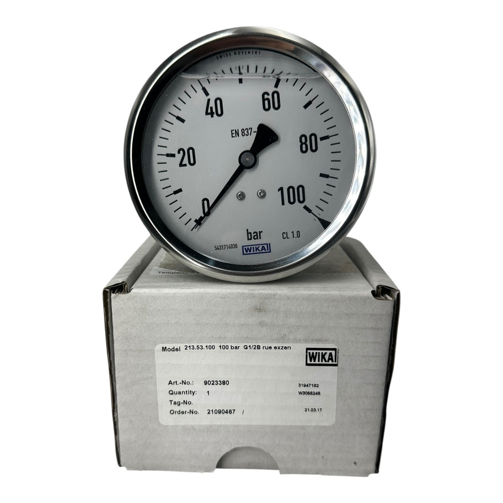 WIKA Manometer 213.53.100 100 bar G1/2B hinten exzentrisch 100mm Druckmesser