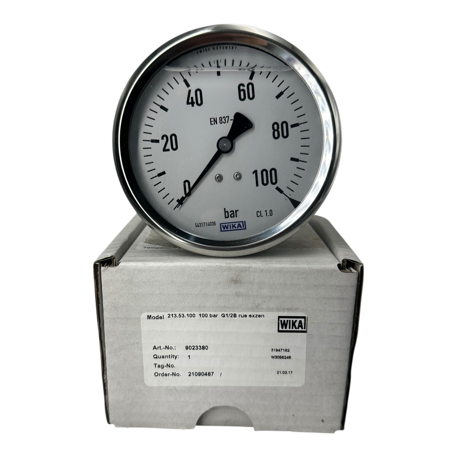 WIKA Manometer 213.53.100 100 bar G1/2B hinten exzentrisch 100mm Druckmesser
