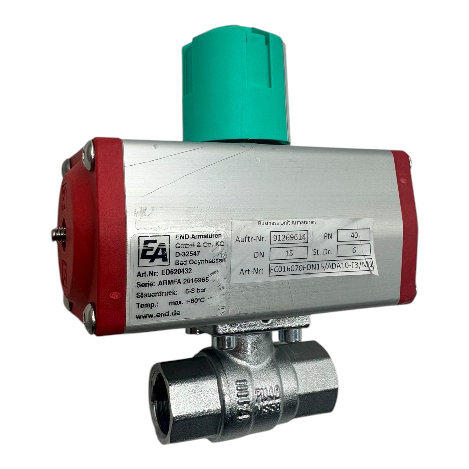 END Armaturen Kugelhahn ECO16070E DN15 PN40 Edelstahl pneumatisch 6–8 bar