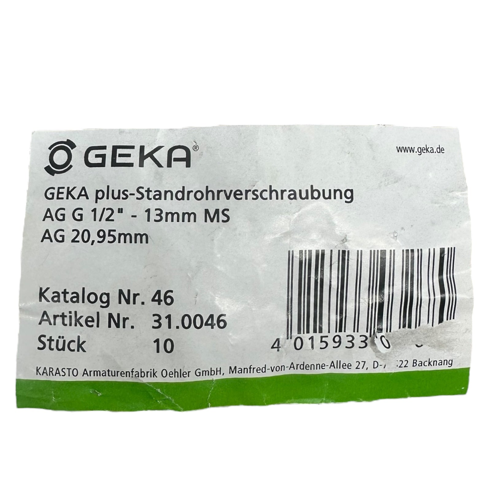 10x GEKA Plus Standrohrverschraubung G1/2” 13mm Messing AG 20,95mm Anschluss