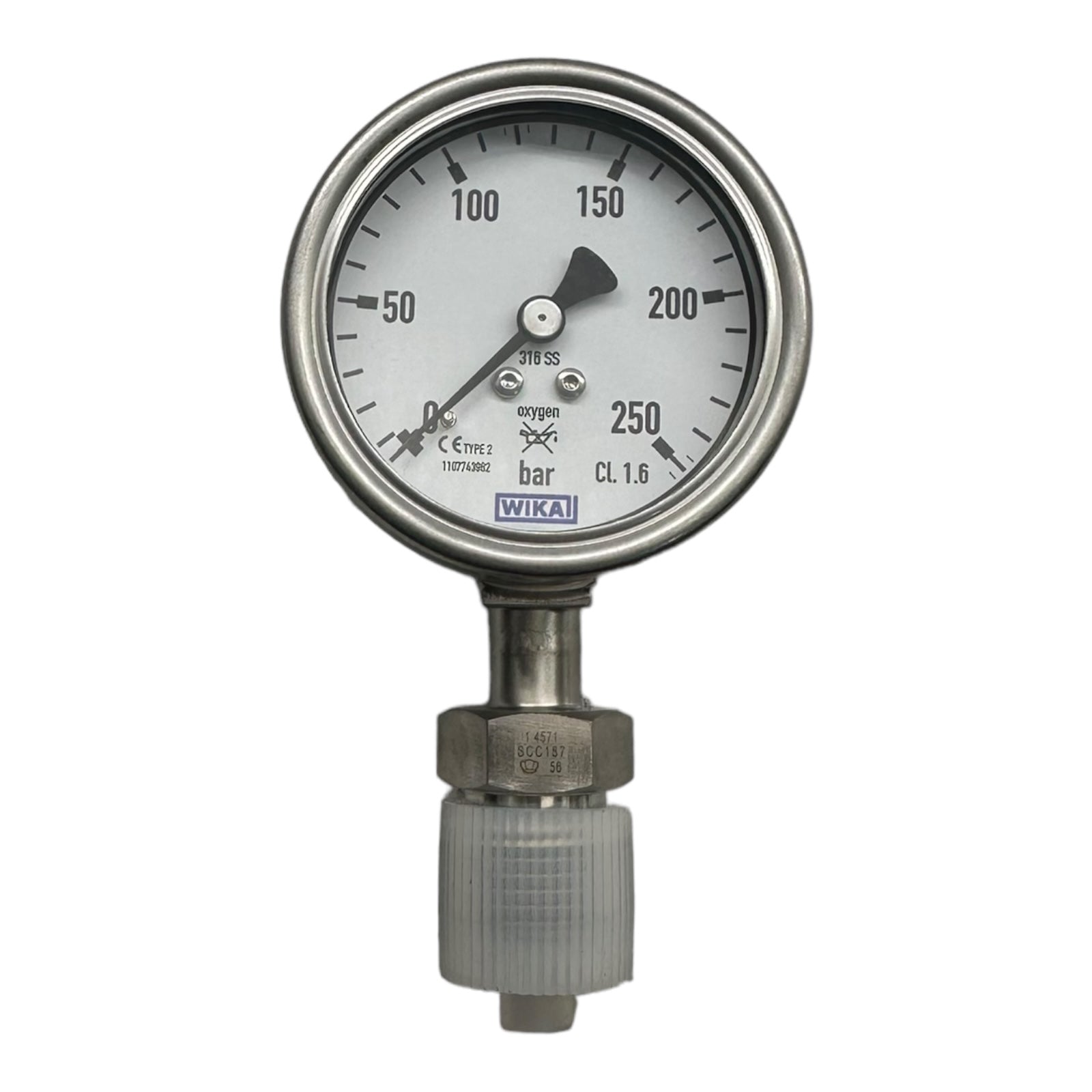 WIKA Manometer Oxygen Hochdruckmanometer mit 1/4" Anschluss unten 250bar / 63mm