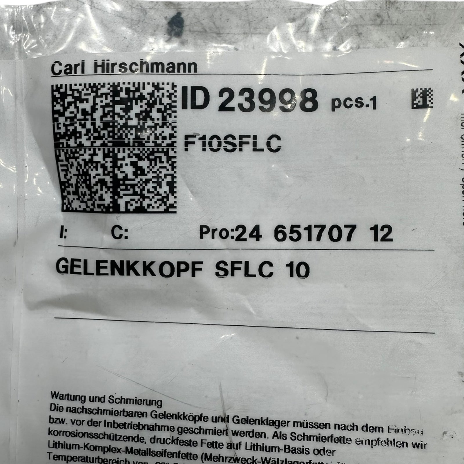 Carl Hirschmann Gelenkkopf SFLC 10 Wartbar Rechtsgewinde M10 Gelenklager Neu