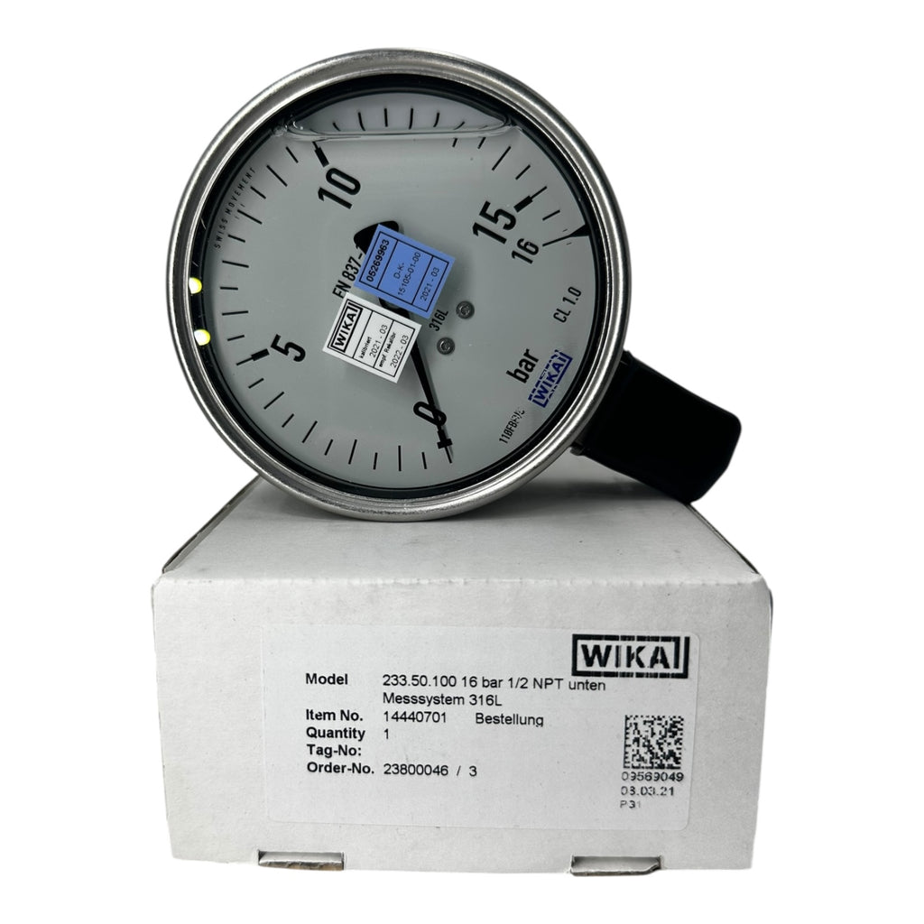 WIKA Manometer 233.50.100 0–16 bar 1/2” NPT unten Edelstahl 316L Klasse 1.0