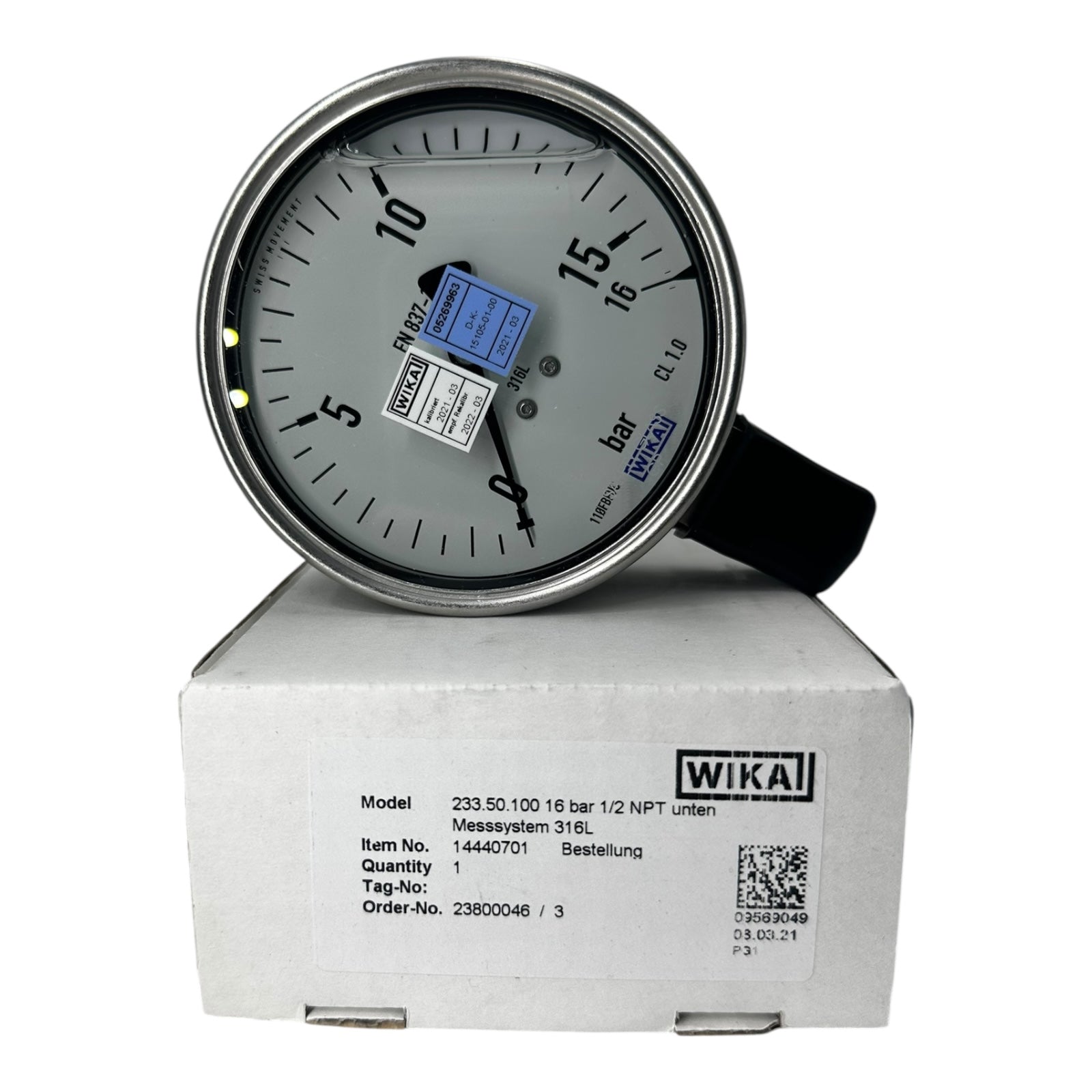 WIKA Manometer 233.50.100 0–16 bar 1/2” NPT unten Edelstahl 316L Klasse 1.0