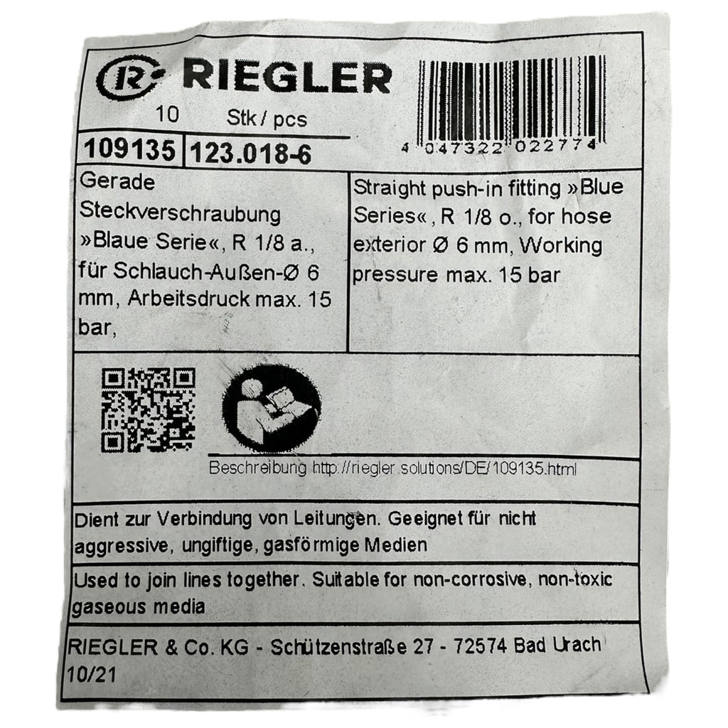 20x Riegler Steckverschraubung 123.018-6 R1/8 Außengewinde Ø6mm Schlauch 15bar