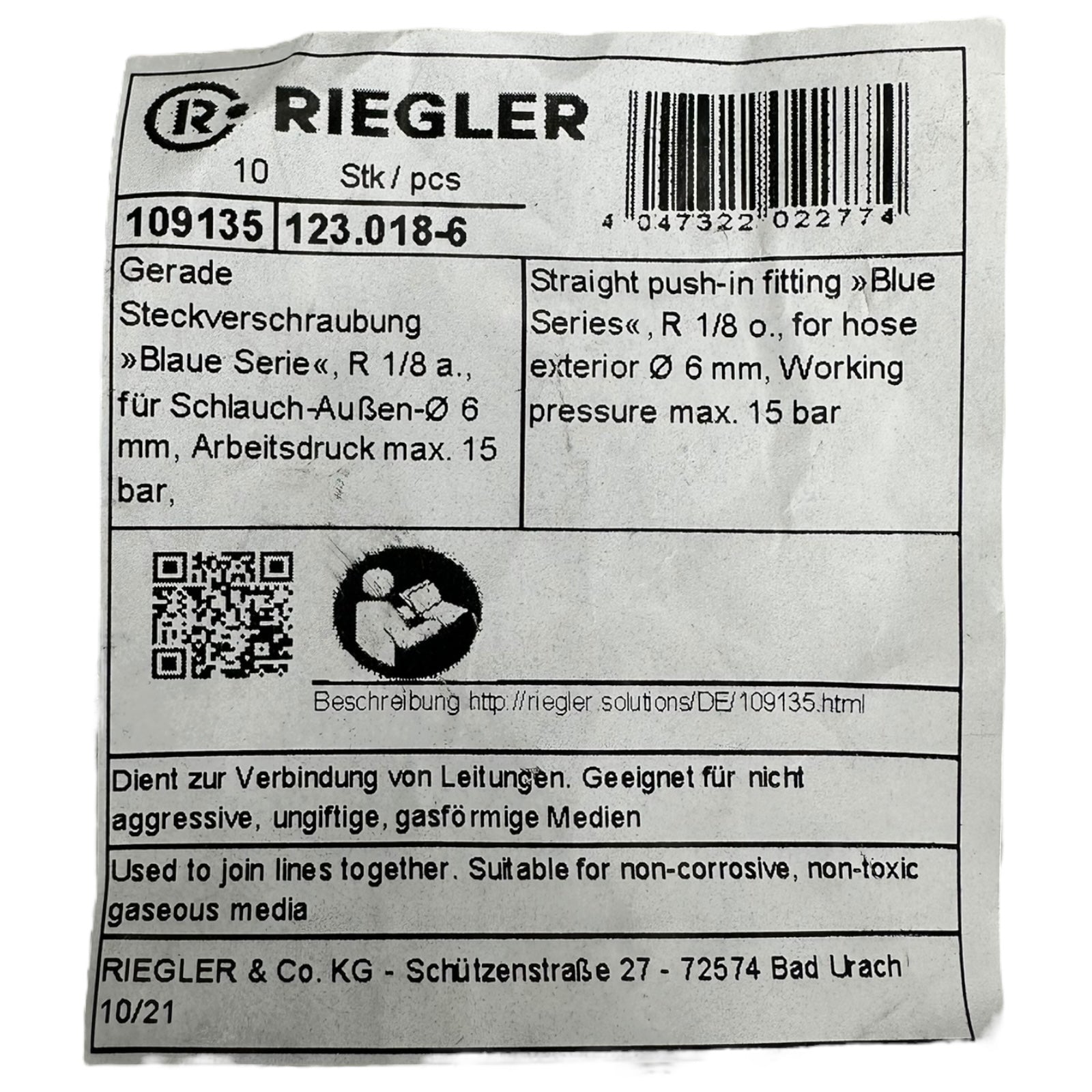 20x Riegler Steckverschraubung 123.018-6 R1/8 Außengewinde Ø6mm Schlauch 15bar