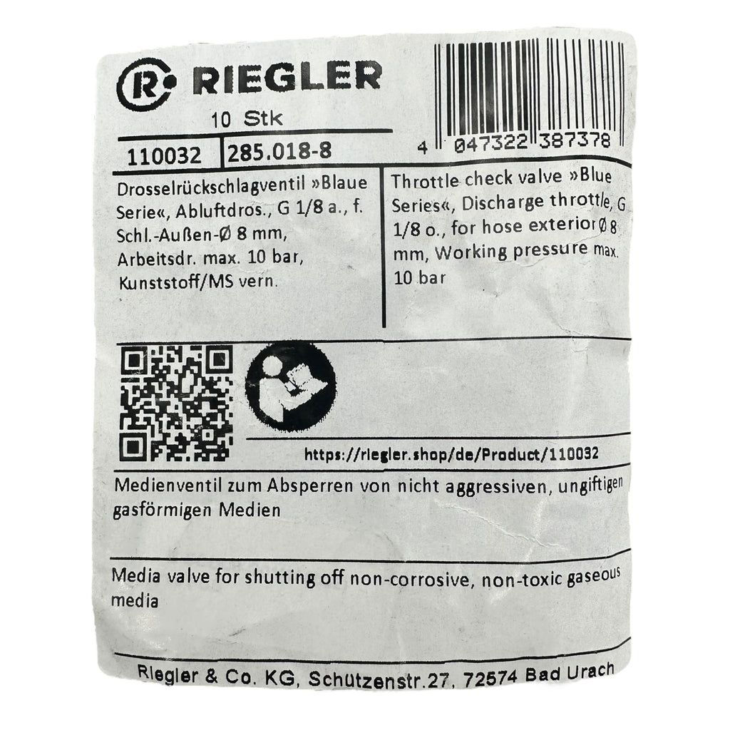 10x Riegler 285.018-8 Drosselrückschlagventil G1/8 Ø8mm 10bar Blau Serie