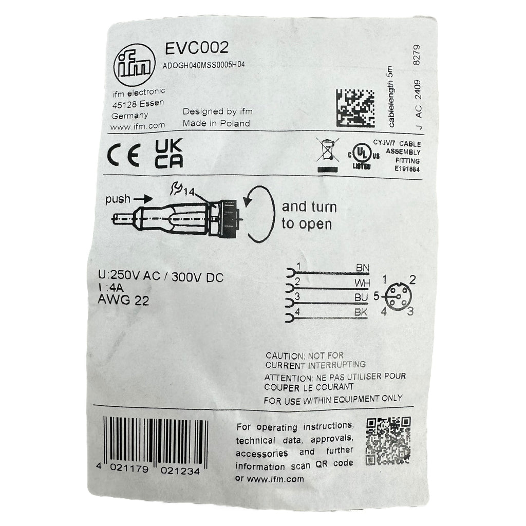 ifm EVC002 Anschlusskabel M12 4-polig 5 m Sensorleitung 250V AC / 300V DC neu
