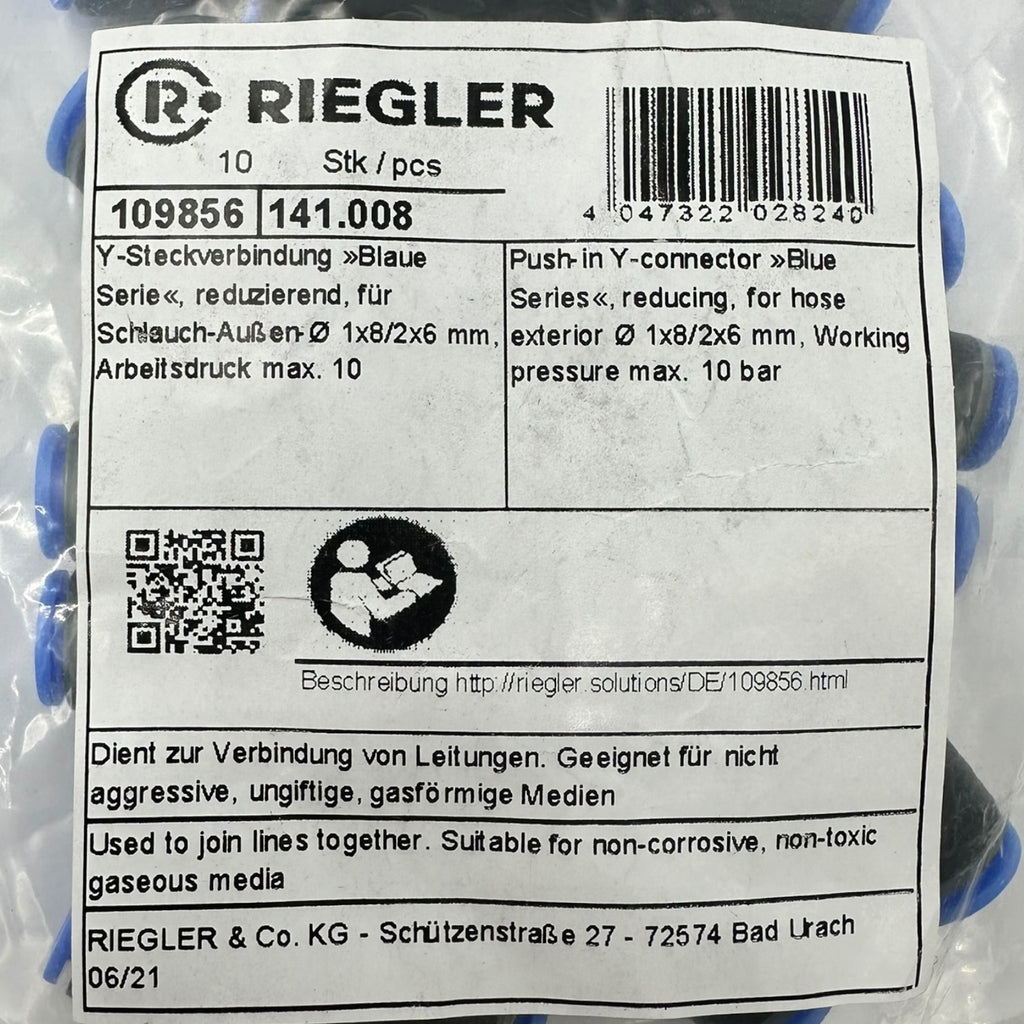 40x Riegler 109856 Y-Steckverbinder Reduzierend 8/6 mm Blau Serie Pneumatik