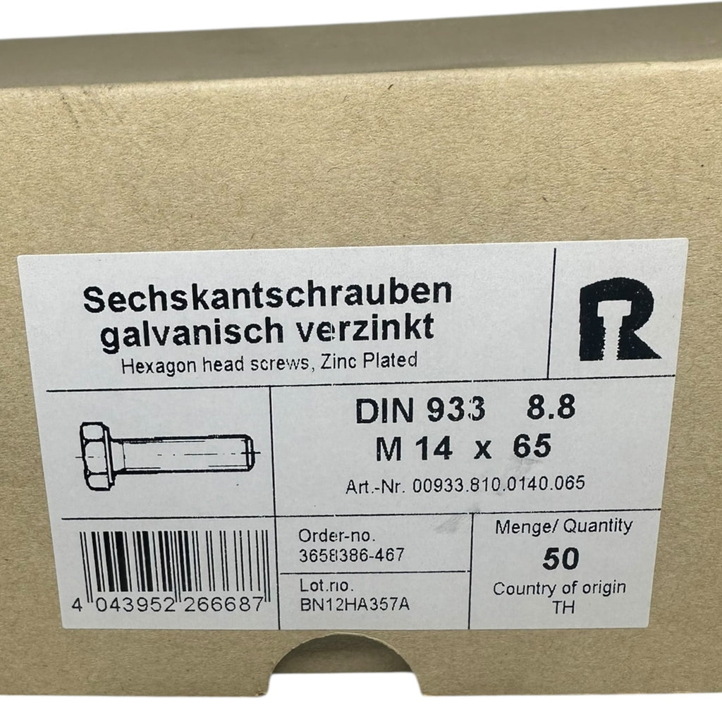 50x Riegler DIN 933 M14x65 8.8 Sechskantschrauben verzinkt 50 Stück Hexagon
