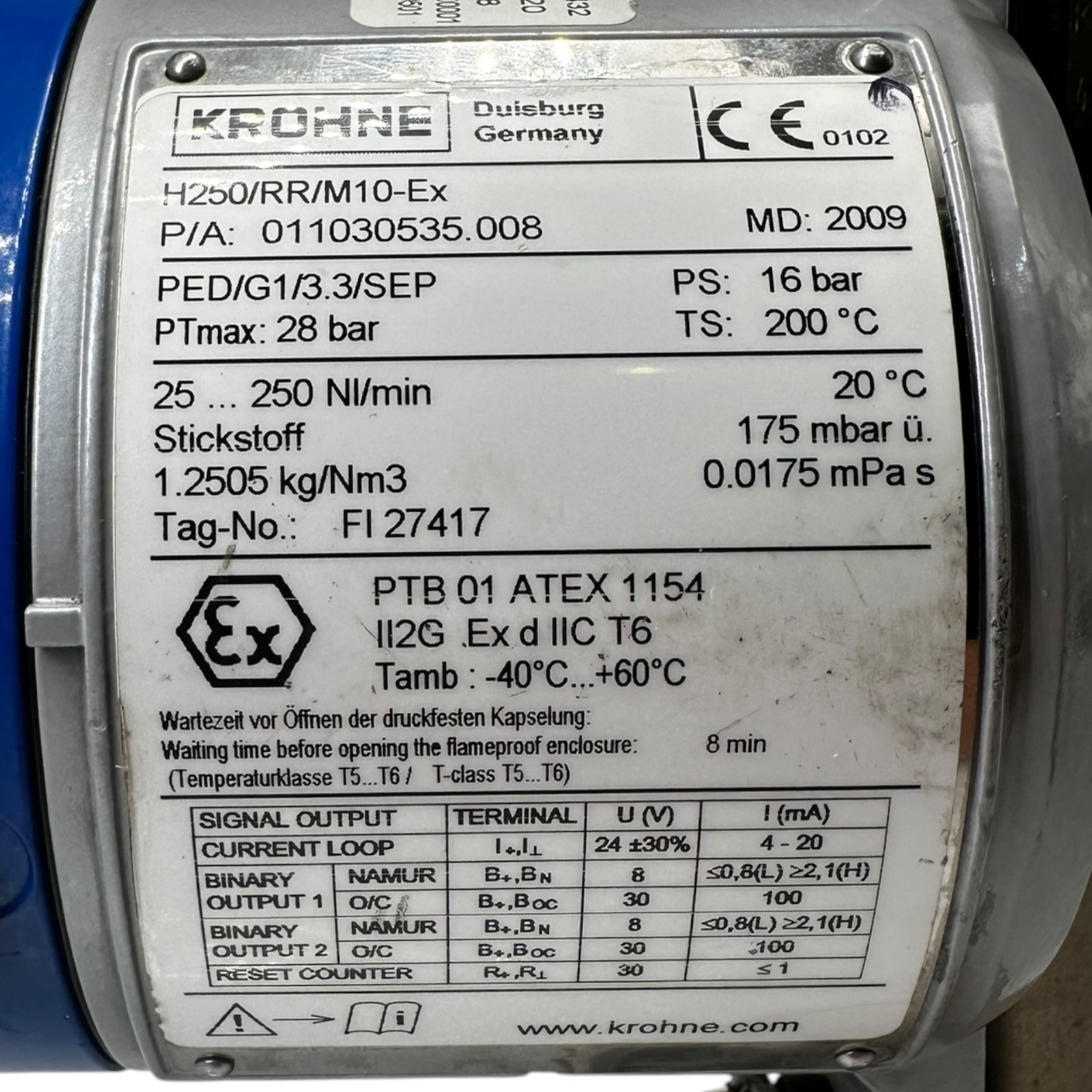 Krohne H250/RR/M10-EX Durchflussmesser 250NL/min Stickstoff ATEX Max. 28bar