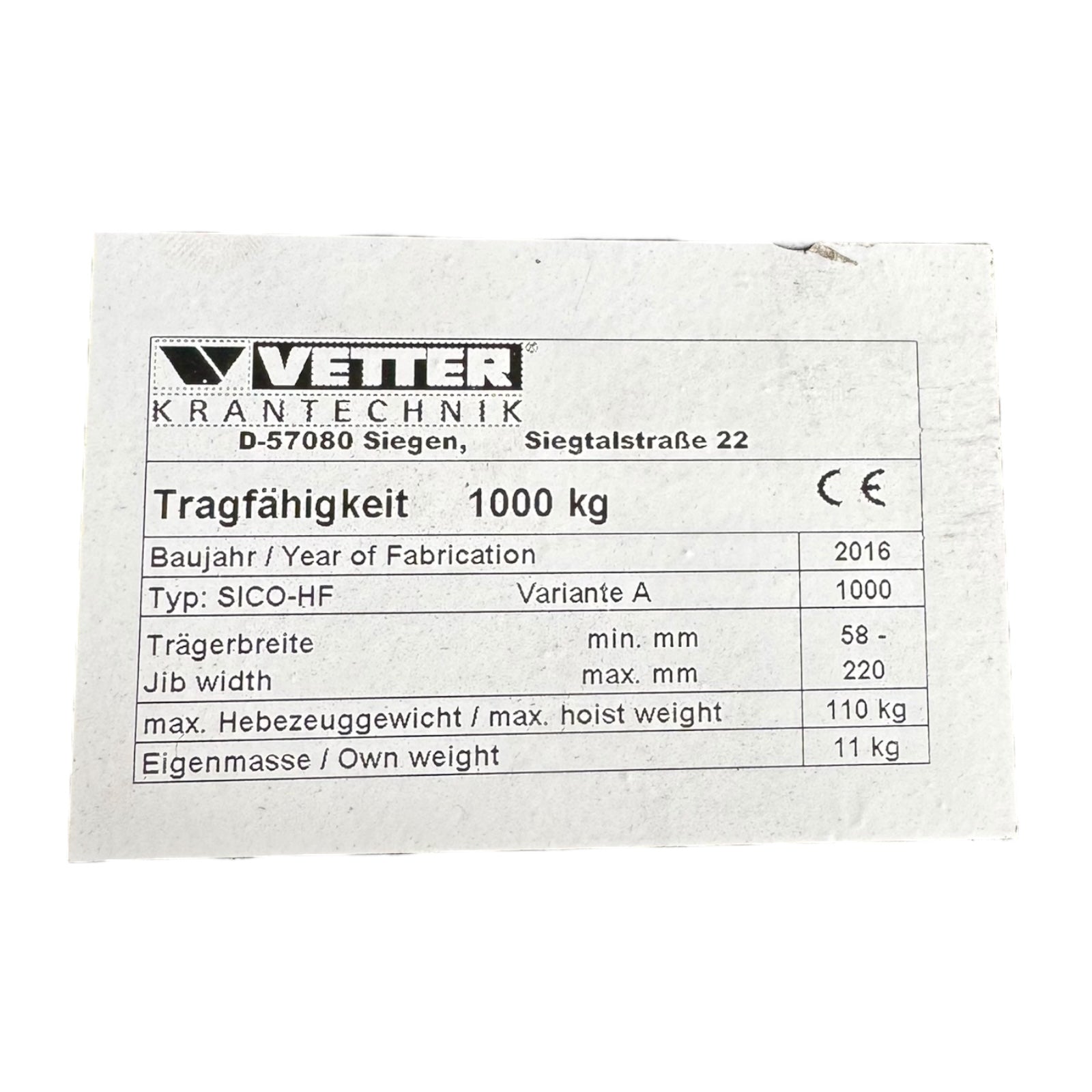 Vetter Kran PA10-3,0 SICO-HF SIXx6F Säulenschwenkkran 1000kg 3m mit Kettenzug