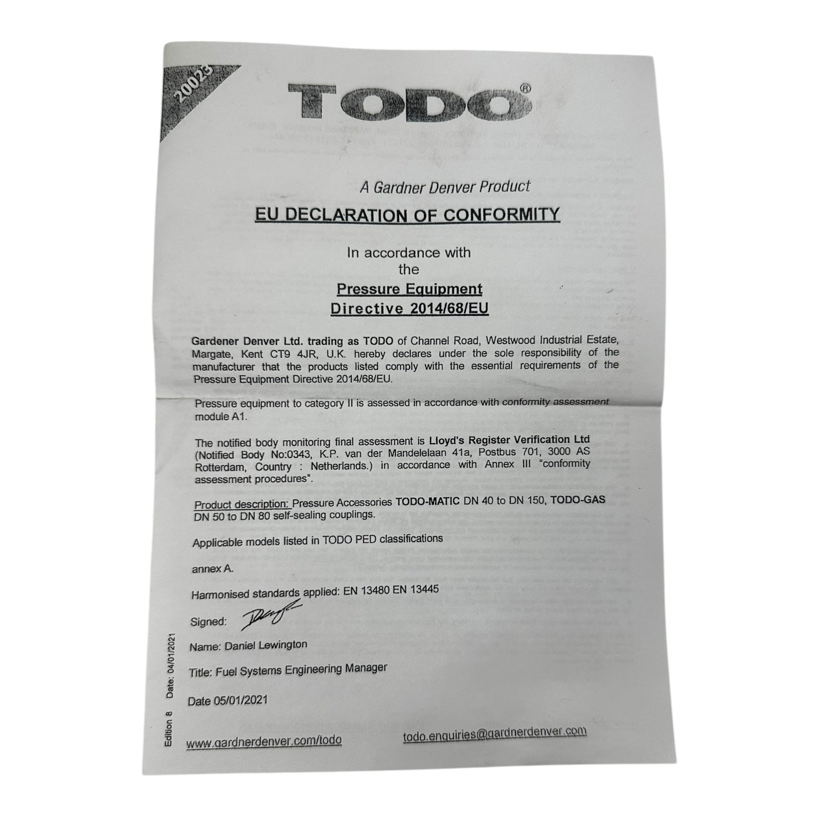 TODO Tankunit 1” DN25 Edelstahl Kupplung 1-4868B-4407 Flansch EN14432