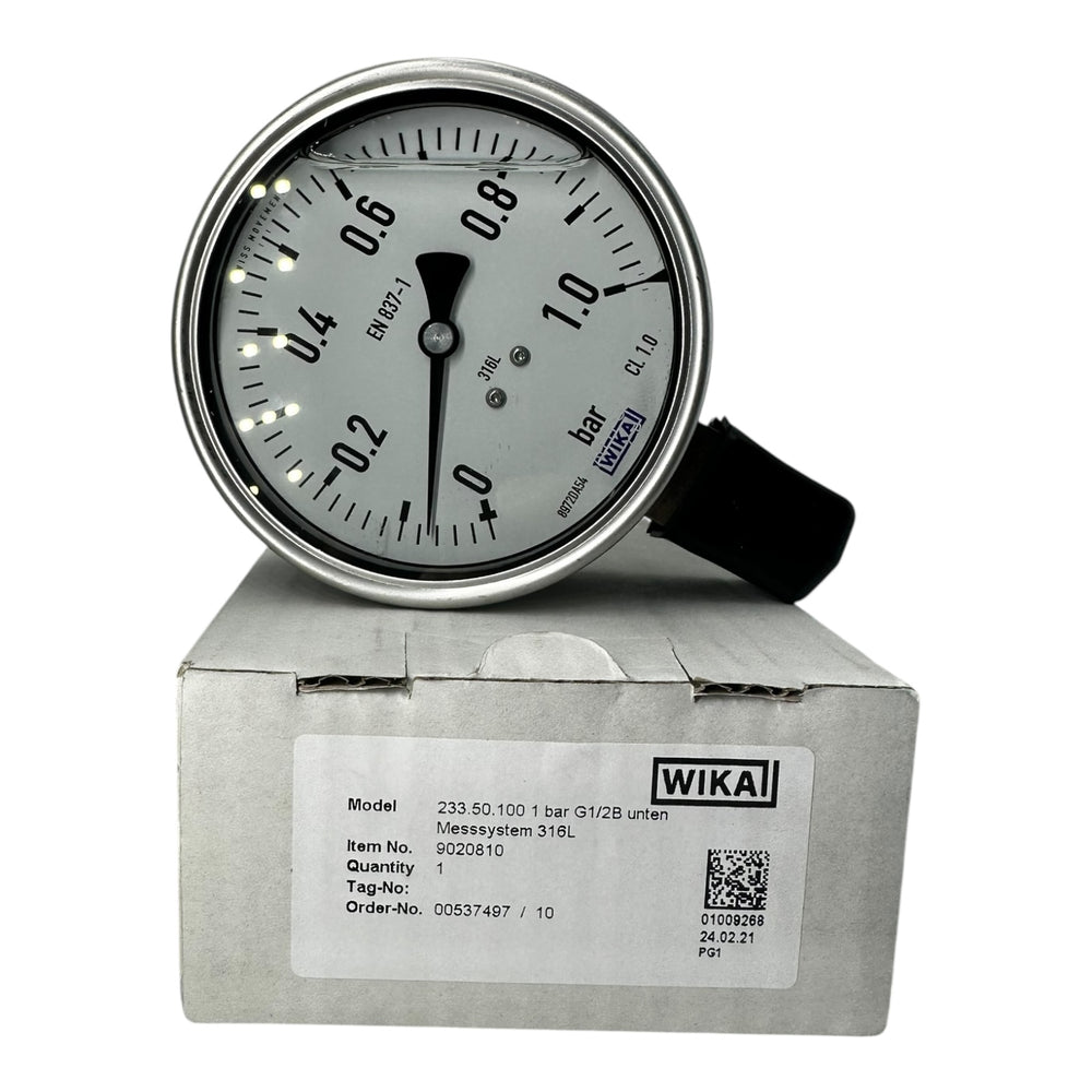 WIKA Manometer 233.50.100 0–1 bar G1/2B unten Edelstahl 316L IP65 Klasse 1.0