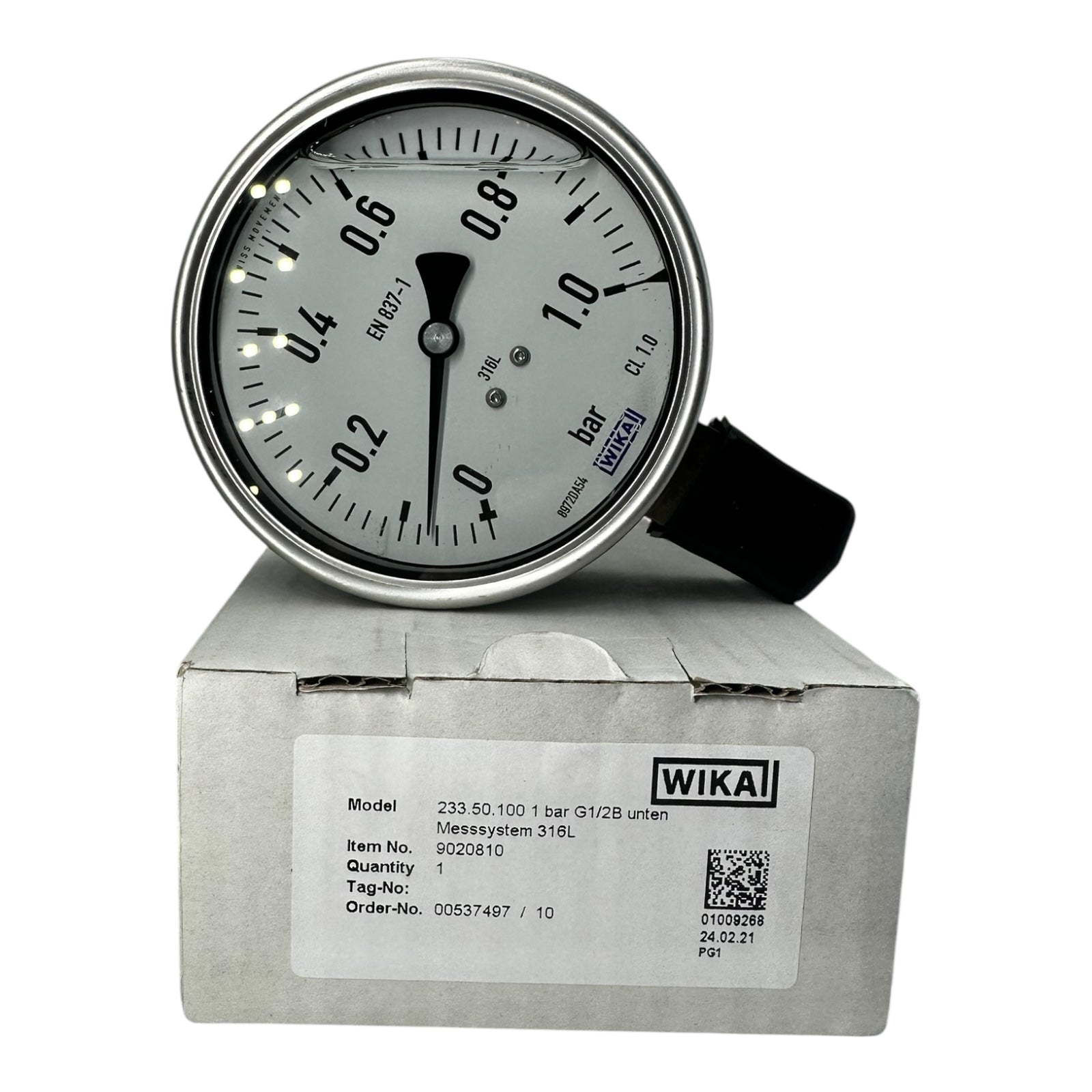WIKA Manometer 233.50.100 0–1 bar G1/2B unten Edelstahl 316L IP65 Klasse 1.0