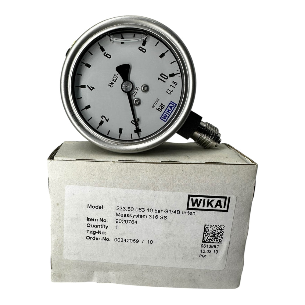 WIKA Manometer 233.50.063 10 bar G1/4B unten Ø63mm Edelstahl 316SS Druckmesser