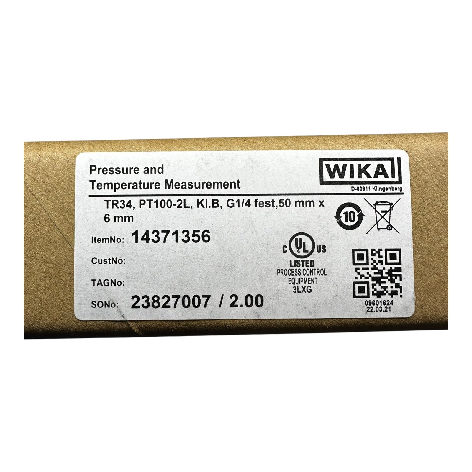 WIKA TR34 PT100-2L Temperaturfühler G1/4 50mmx6mm Widerstandsthermometer NEU