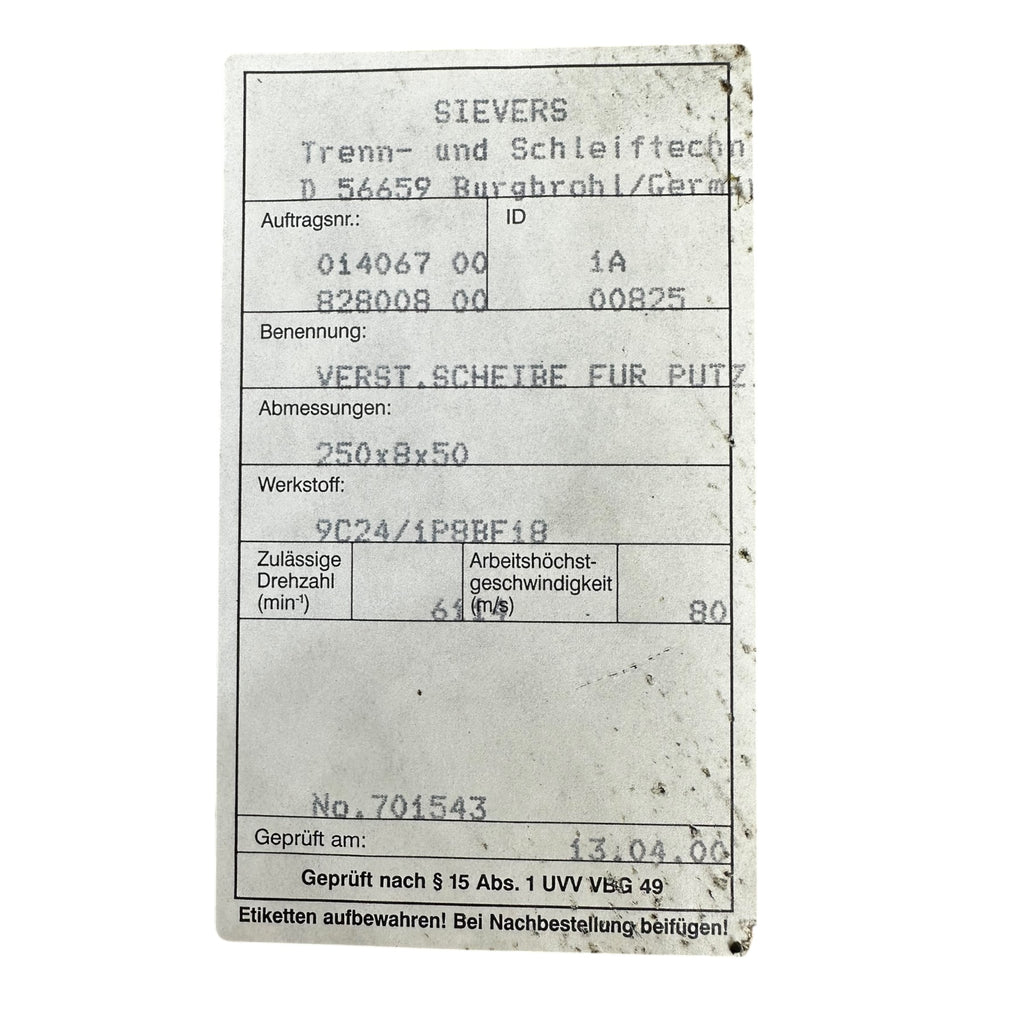 22x SIEVERS Trennscheibe 250x8x50 mm 9C24/1P8BF18 Schleifscheibe 6114 RPM