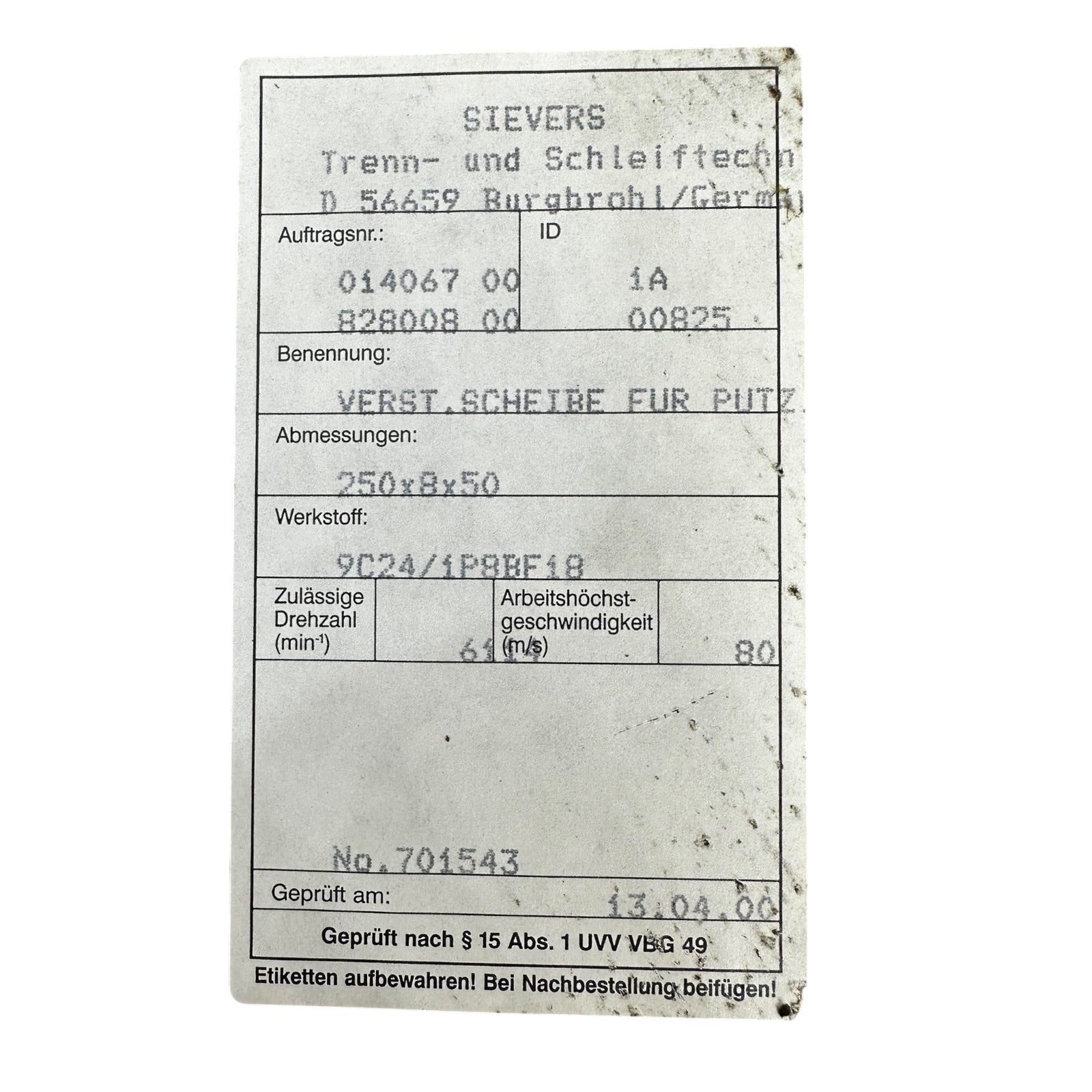 22x SIEVERS Trennscheibe 250x8x50 mm 9C24/1P8BF18 Schleifscheibe 6114 RPM