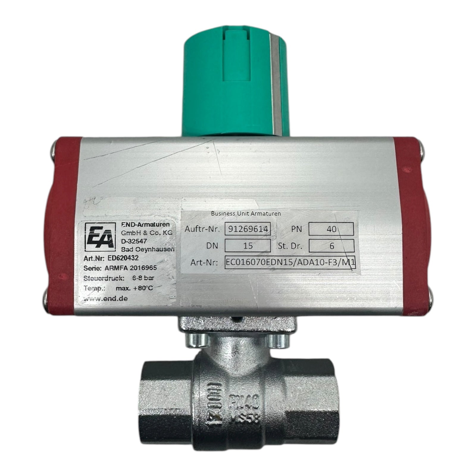END Armaturen Kugelhahn ECO16070E DN15 PN40 Edelstahl pneumatisch 6–8 bar