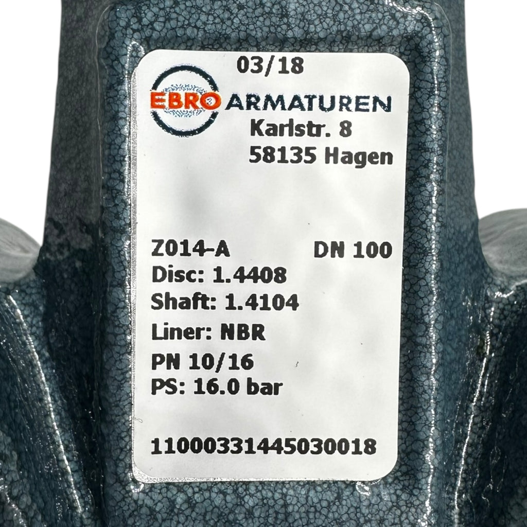 Ebro Z014-A Absperrklappe DN100 PN16 NBR Edelstahl 1.4408 Handhebel NEU