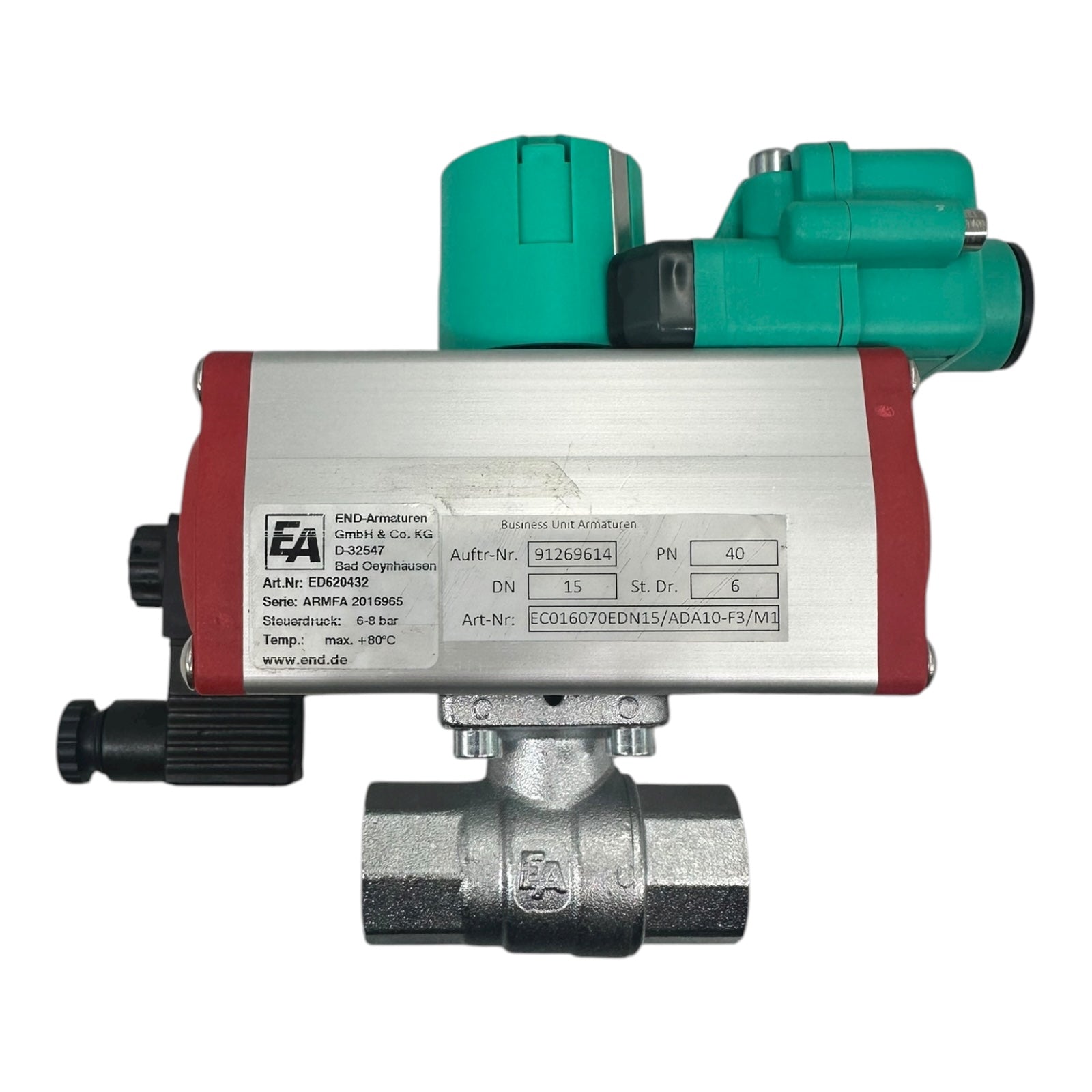 END-Armaturen EC016070EDN15 Messing Kugelhahn DN15 PN40 mit Pneumatik Antrieb