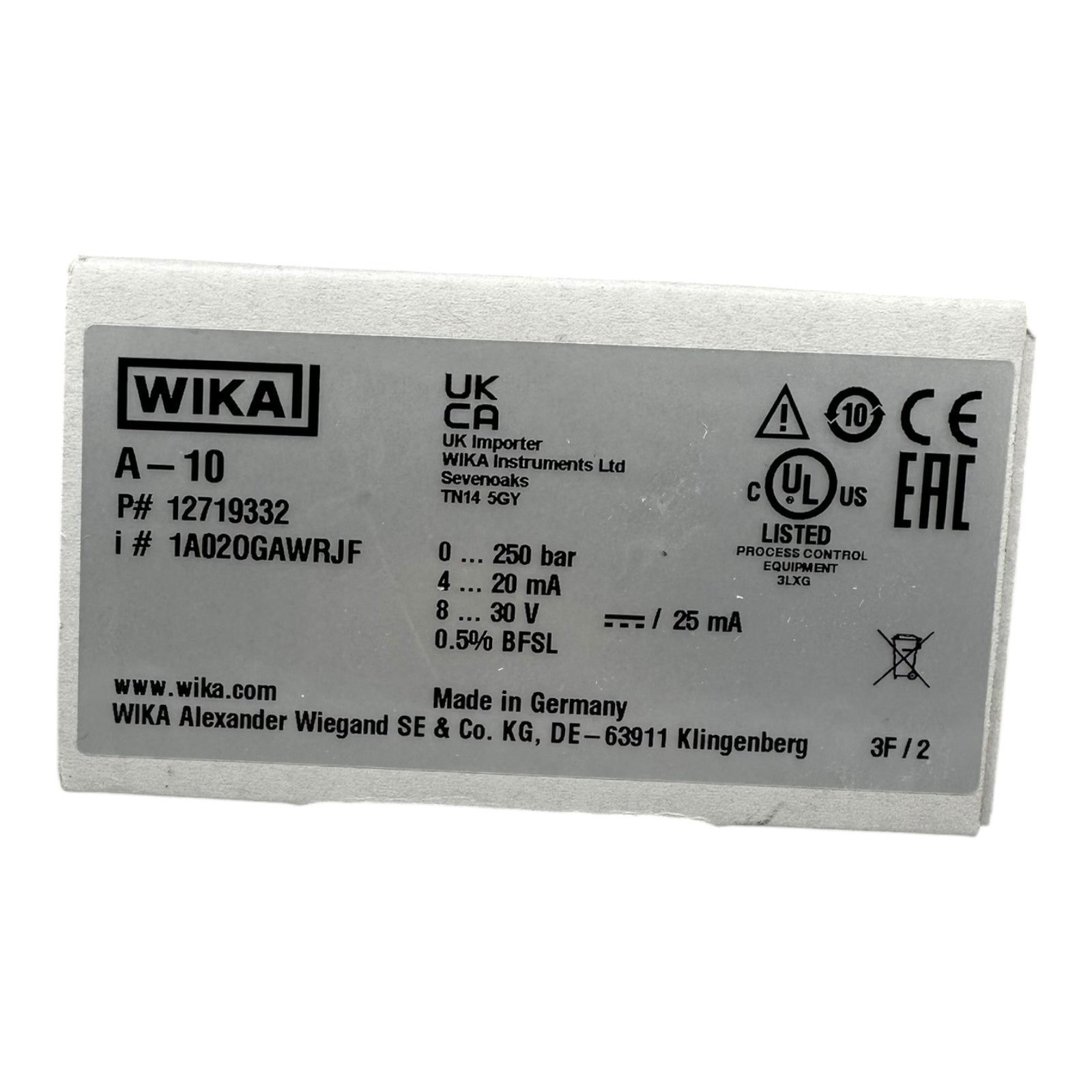 WIKA A-10 Drucksensor 0–250 bar 4–20mA G1/4 12719332 Industrie Transmitter NEU