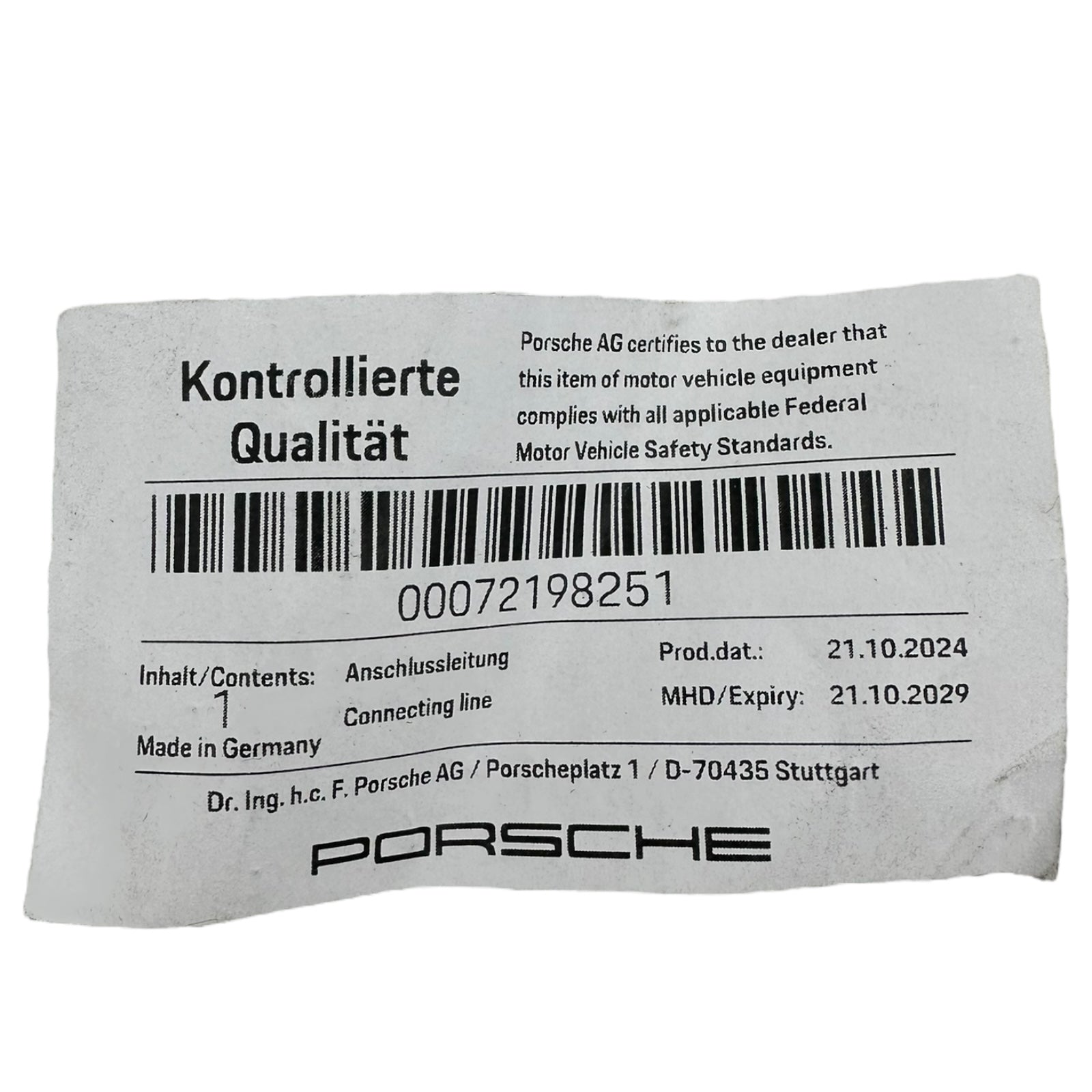 Porsche 00072198251 Anschlussleitung Klimaanlage Connecting Line Original neu