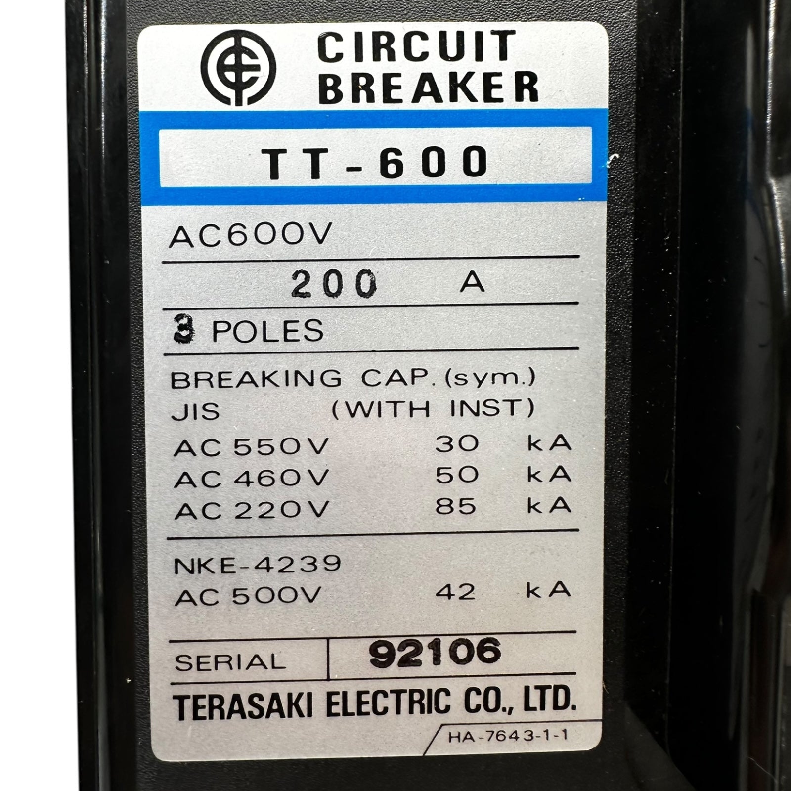 Terasaki TT-600 Leistungsschalter 200A 3-polig AC600V LSI Shunt Trip