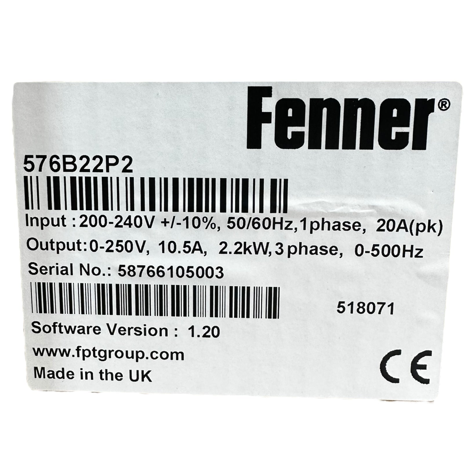 Fenner 576B22P2 Frequenzumrichter 2.2kW 1ph Eingang 3ph Ausgang IP66 UNUSED