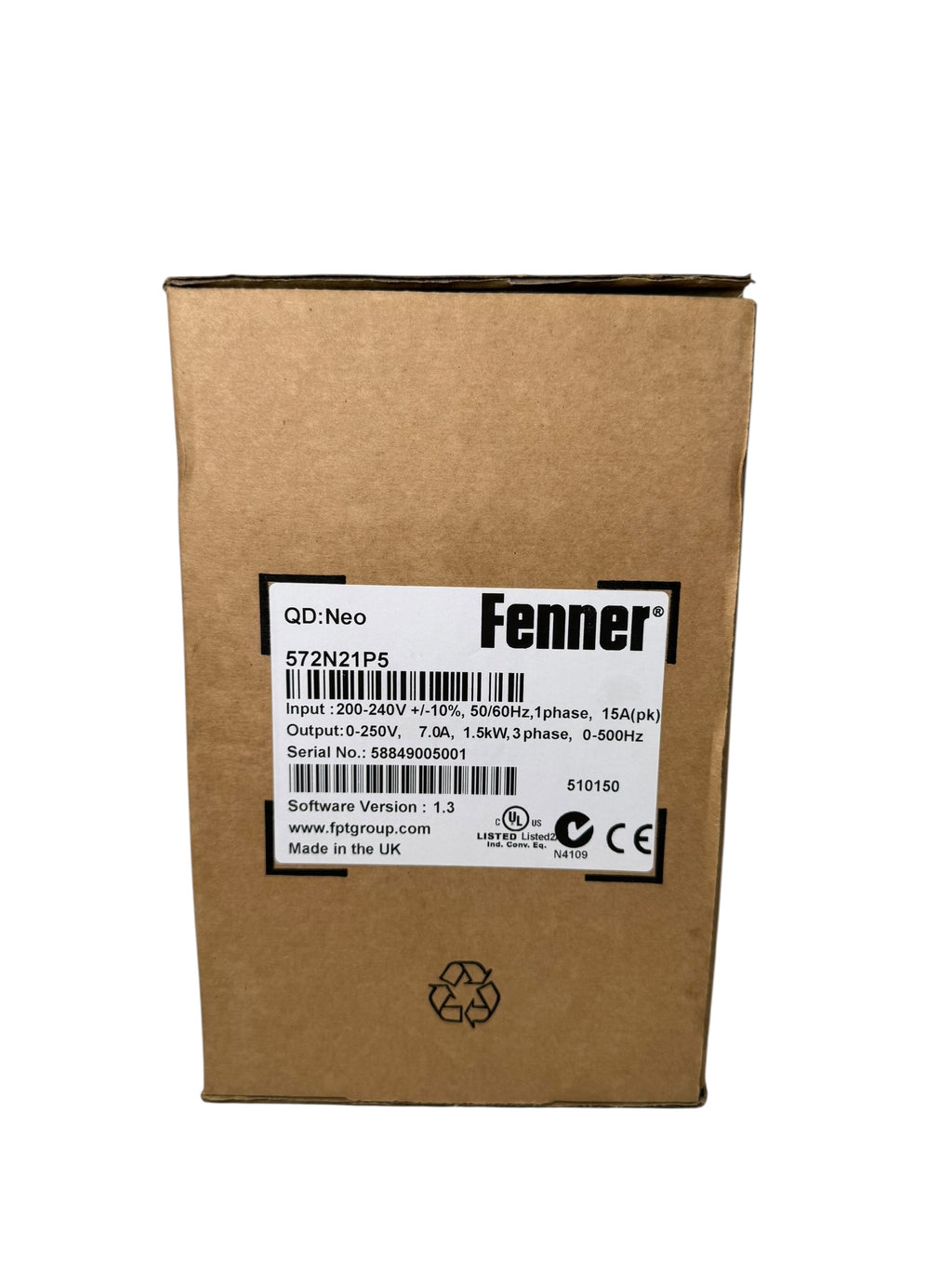 Fenner QD:Neo 572N21P5 Frequenzumrichter 1,5kW 200–240V 7A 3PH S/W 1.3 UNUSED
