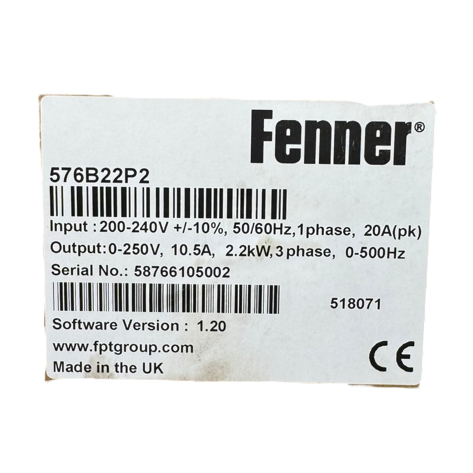 Fenner Frequenzumrichter 576B22P2 10,5A 2,2kW 200-240V 3PH S/W1.2 UNUSED