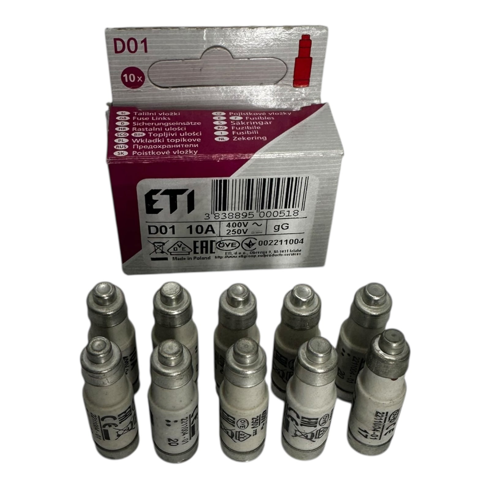 10x ETI 002211004 D01 Sicherungseinsätze 10A 400V gG