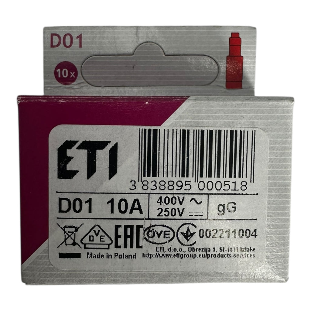 10x ETI 002211004 D01 Sicherungseinsätze 10A 400V gG