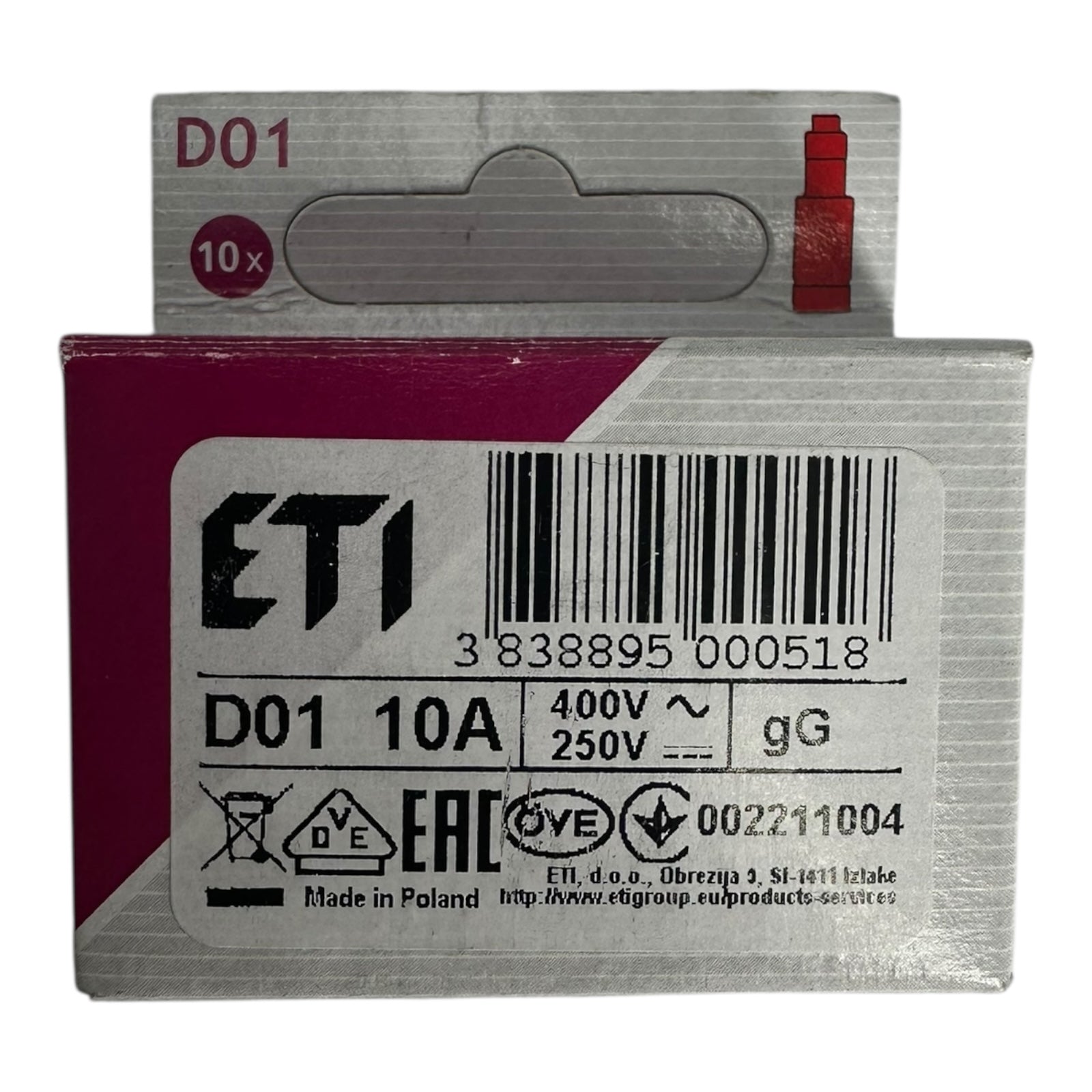 10x ETI 002211004 D01 Sicherungseinsätze 10A 400V gG