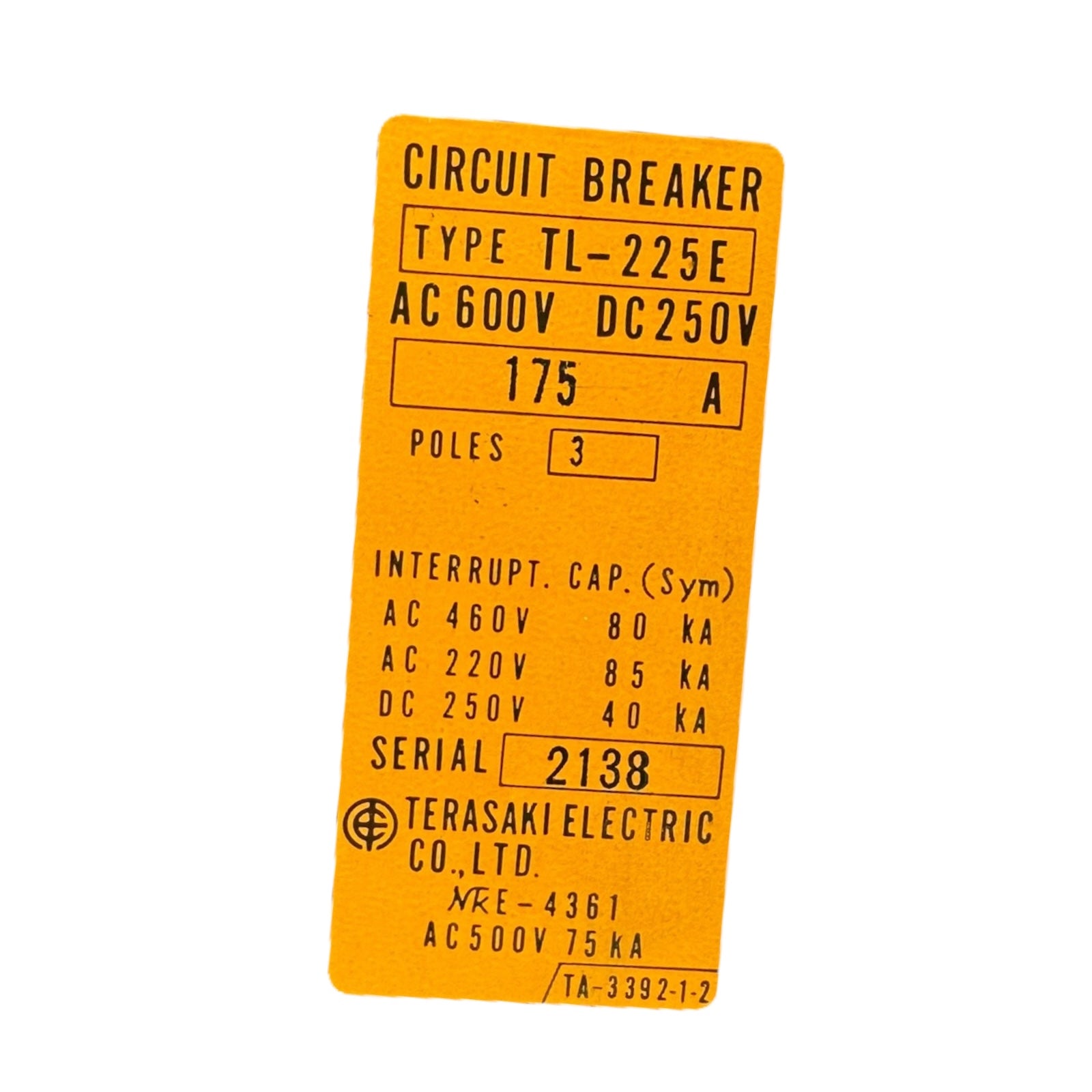 Terasaki TL-225E Leistungsschalter 175A 3-polig AC600V DC250V AUX