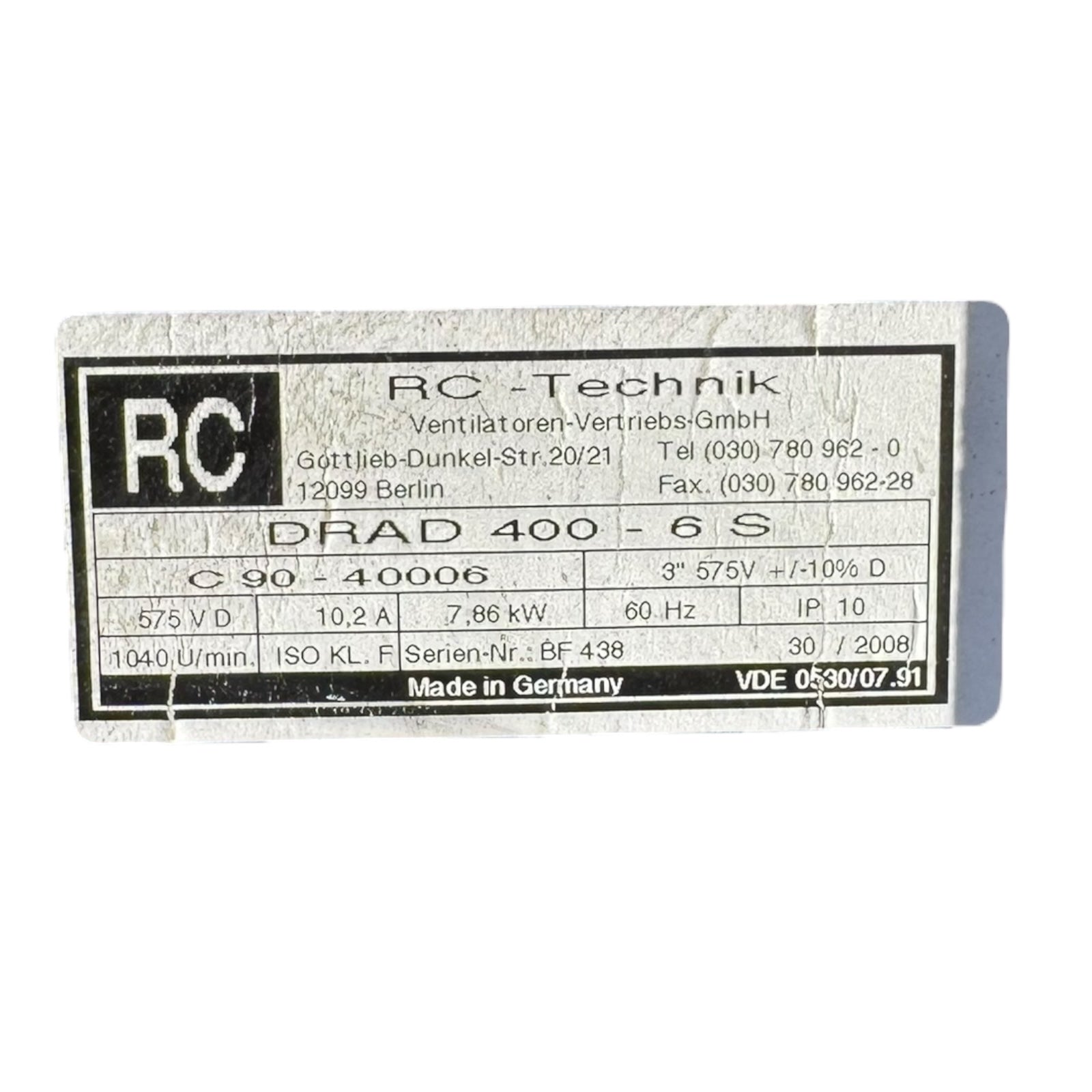 RC DRAD400-6S Radialventilator Industrie 7,86kW 60Hz 575V IP10 1040U/min