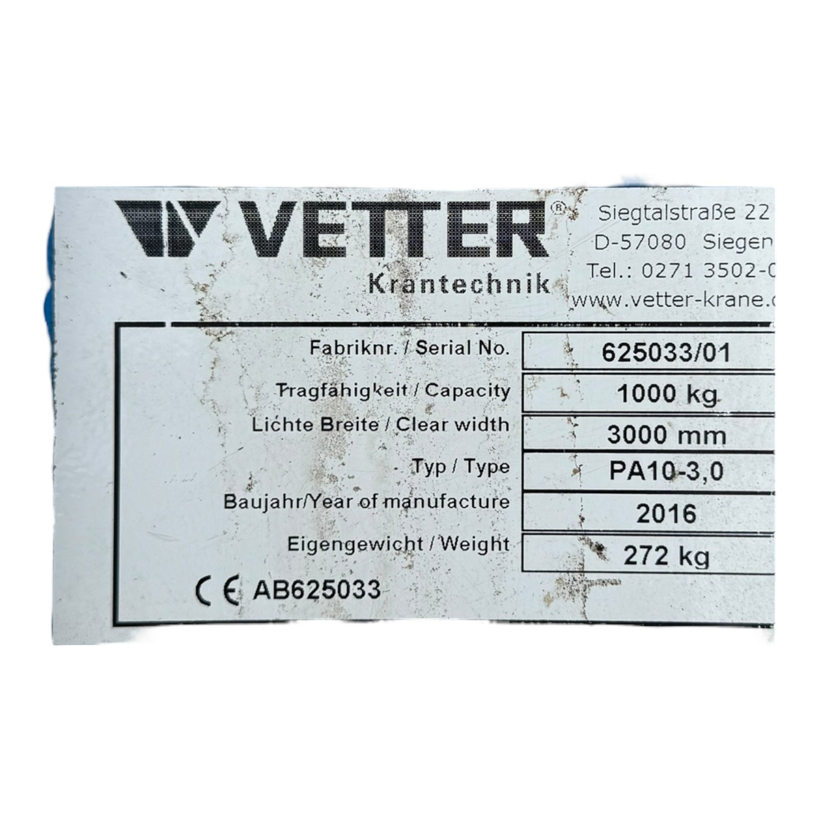 Vetter Kran PA10-3,0 SICO-HF SIXx6F Säulenschwenkkran 1000kg 3m mit Kettenzug