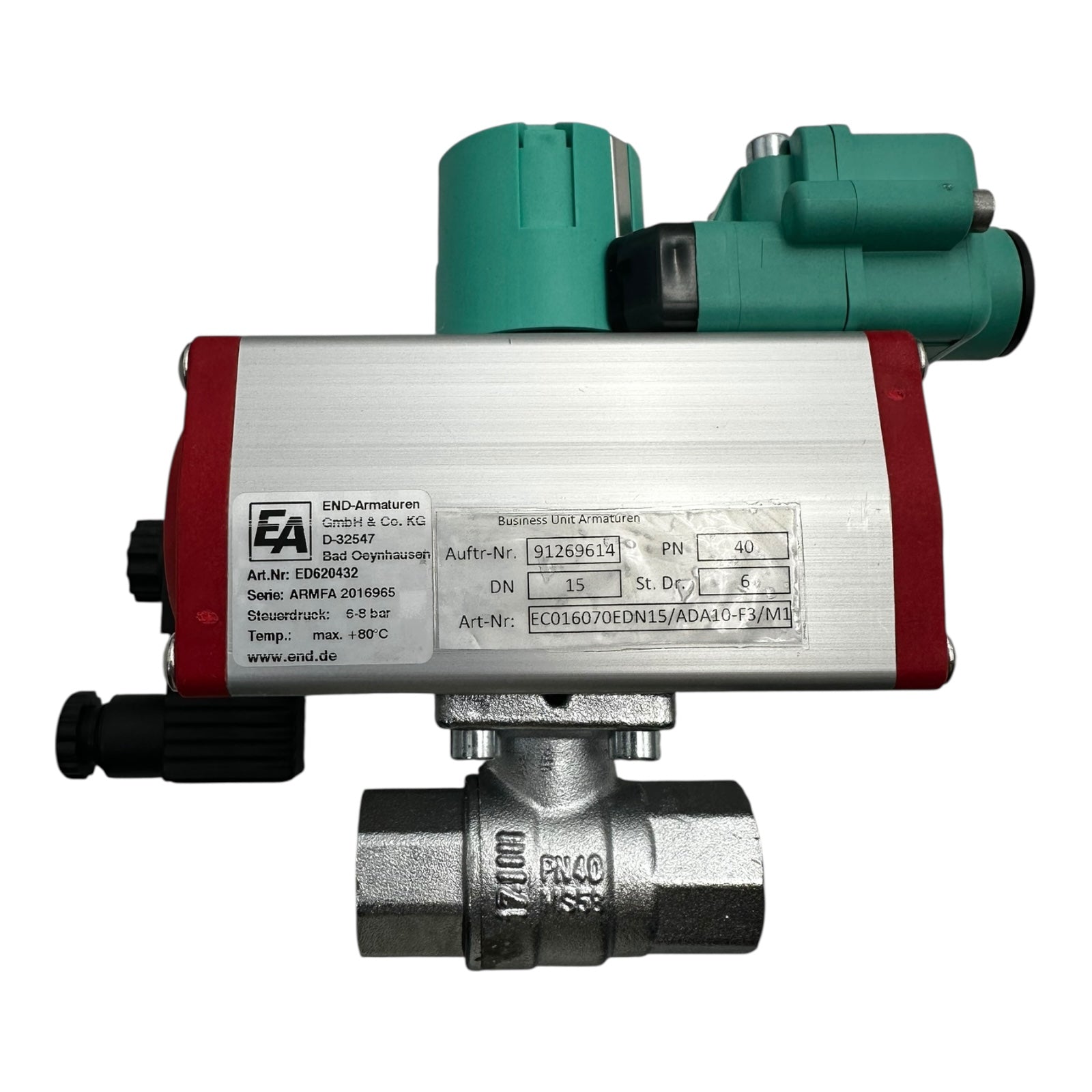 END Kugelhahn DN15 PN40 mit Pneumatik Antrieb RX Ventil P+F Sensor NEU