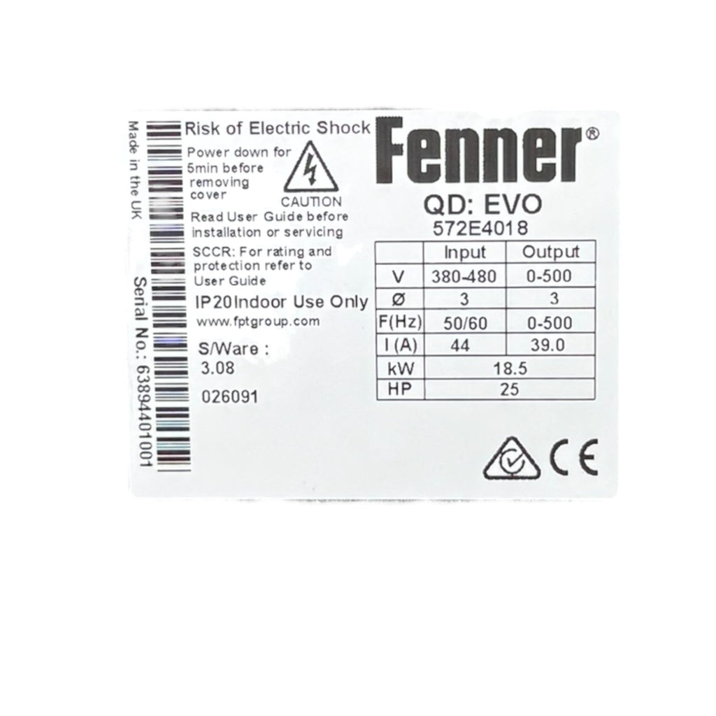 Fenner QD:EVO 572E4018 Frequenzumrichter 18,5kW 380-480V 39A 0-500Hz 3PH UNUSED