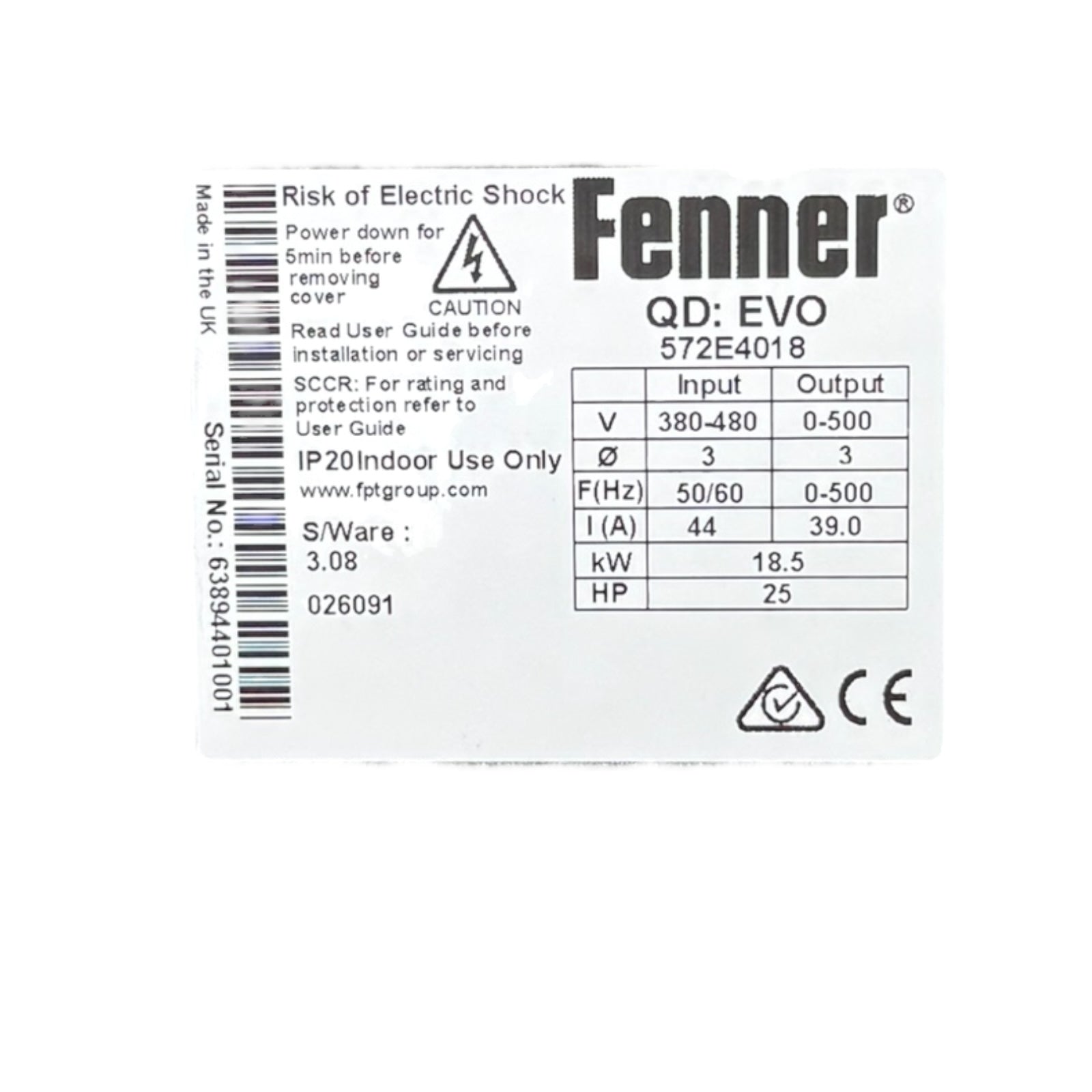 Fenner QD:EVO 572E4018 Frequenzumrichter 18,5kW 380-480V 39A 0-500Hz 3PH UNUSED