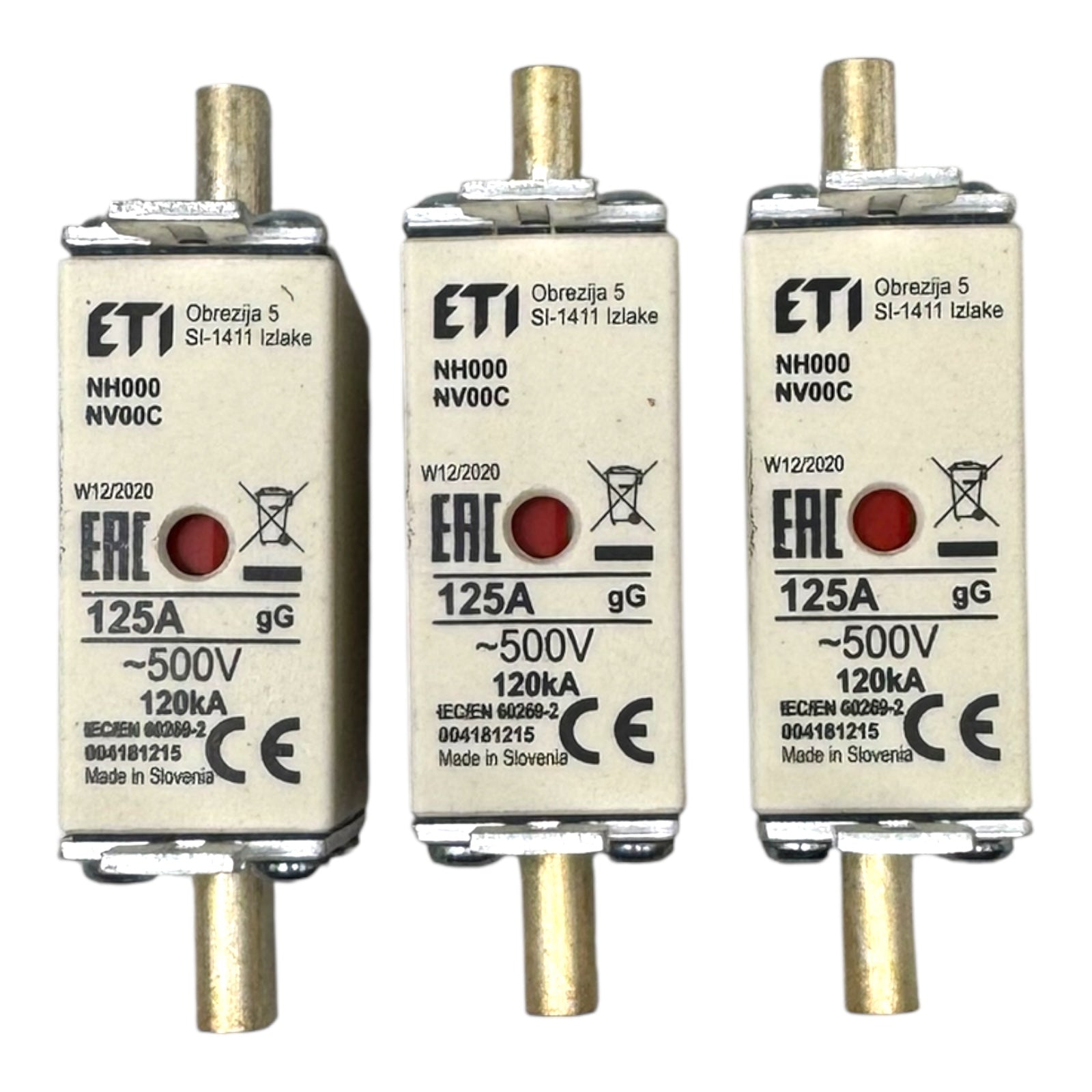 3x ETI 004181215 NH000 Sicherungseinsatz 125A 500V gG Hochleistung 120kA