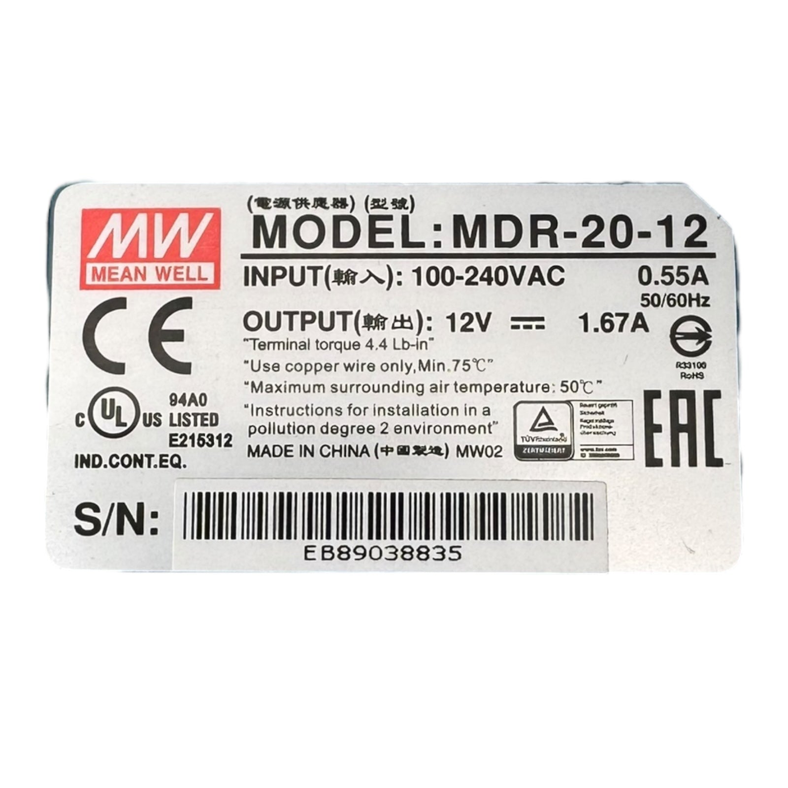 MeanWell MDR-20-12 Netzteil Schaltnetzteil 12V 1.67A 100-240VAC 0.55A IP20